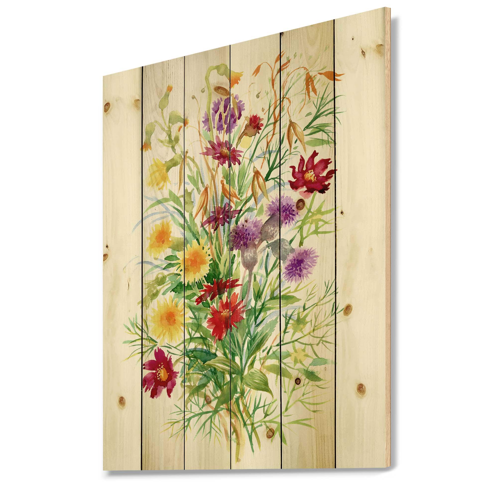 Designart - Colorful Wildflowers In Nature - Farmhouse Print on Natural Pine Wood