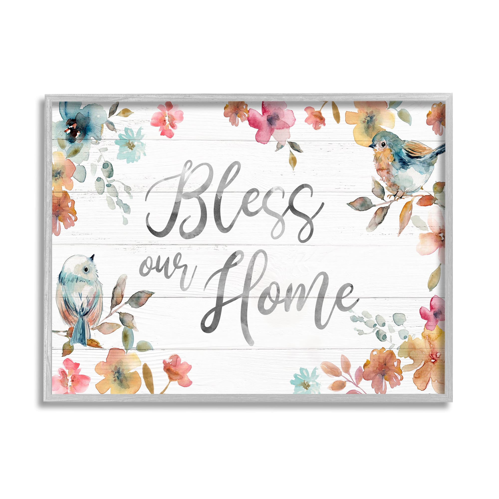 Stupell Industries Bless Our Home Greeting Watercolor Birds Blooming Flowers Framed Wall Art