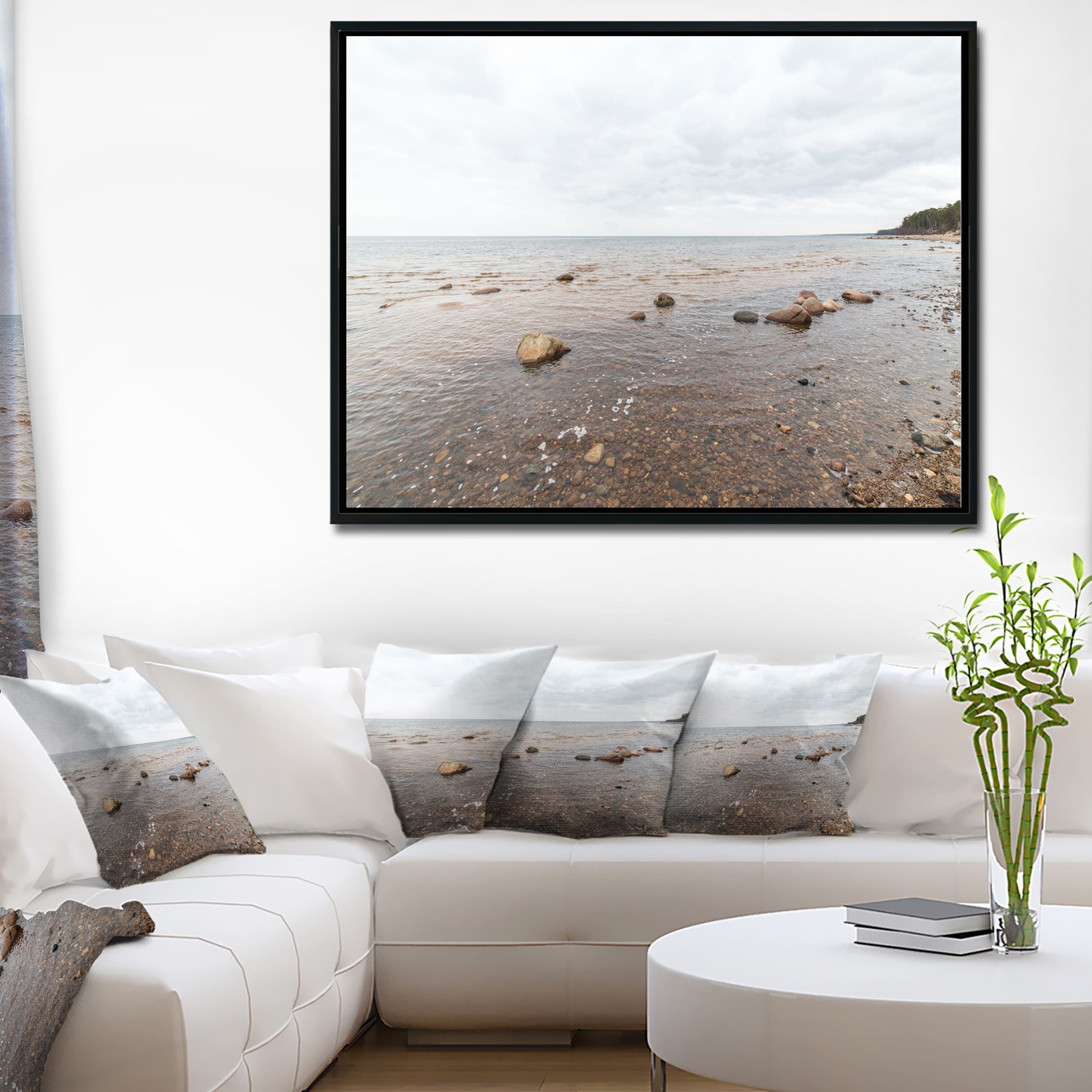 Designart - Rocky Autumn Beach - Seashore Photography Canvas Print in Black Frame