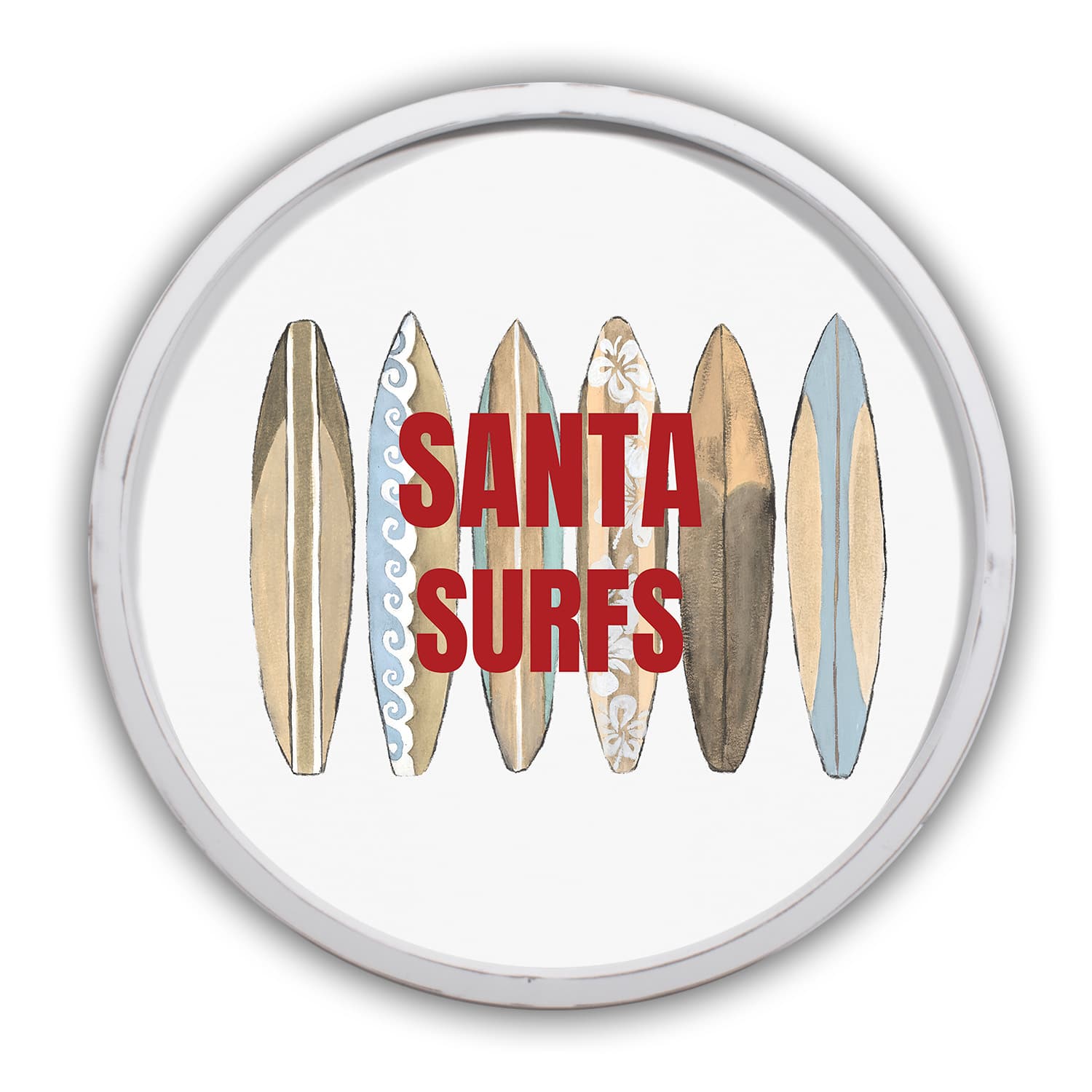 20" Round Santa Surfs Christmas White Framed Wall Décor