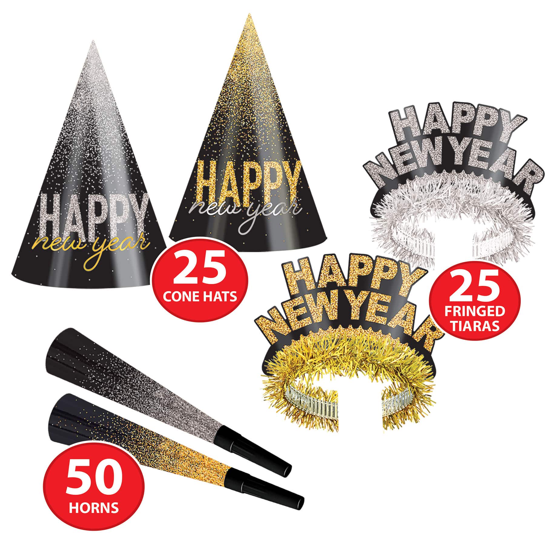 Beistle New Year Midnight Burst Silver & Gold Hats, Tiaras & Horns Kit