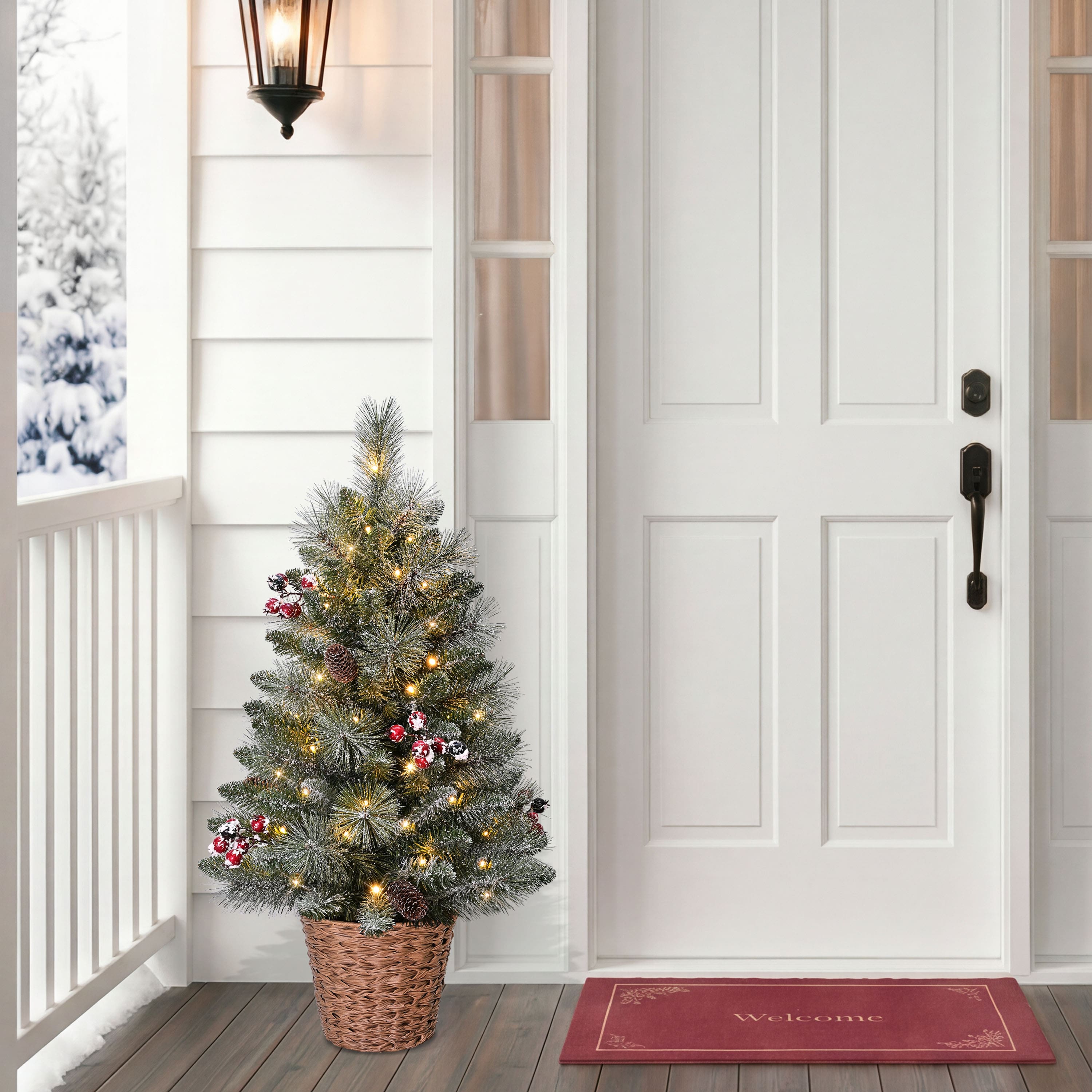 Puleo 3ft. Pre-Lit Snowy Pine, Pinecones & Berries Artificial Christmas Tree in Baskets, Warm White LED Lights