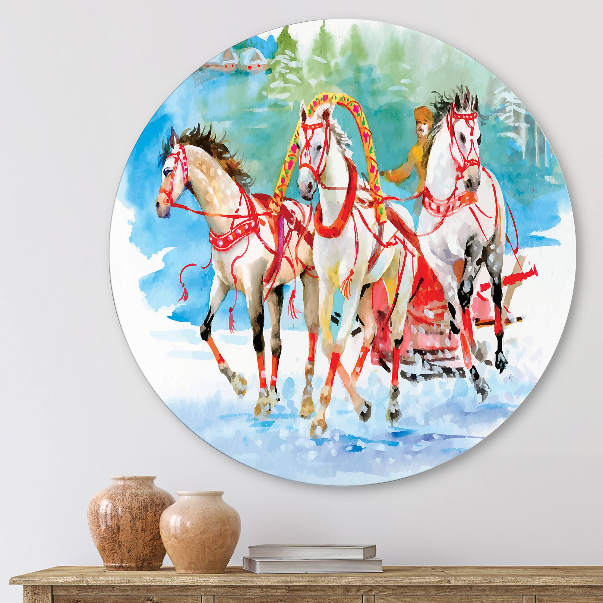 Designart - Galoping Horses With Carriage In The Snow - Farmhouse Metal Circle Wall Art