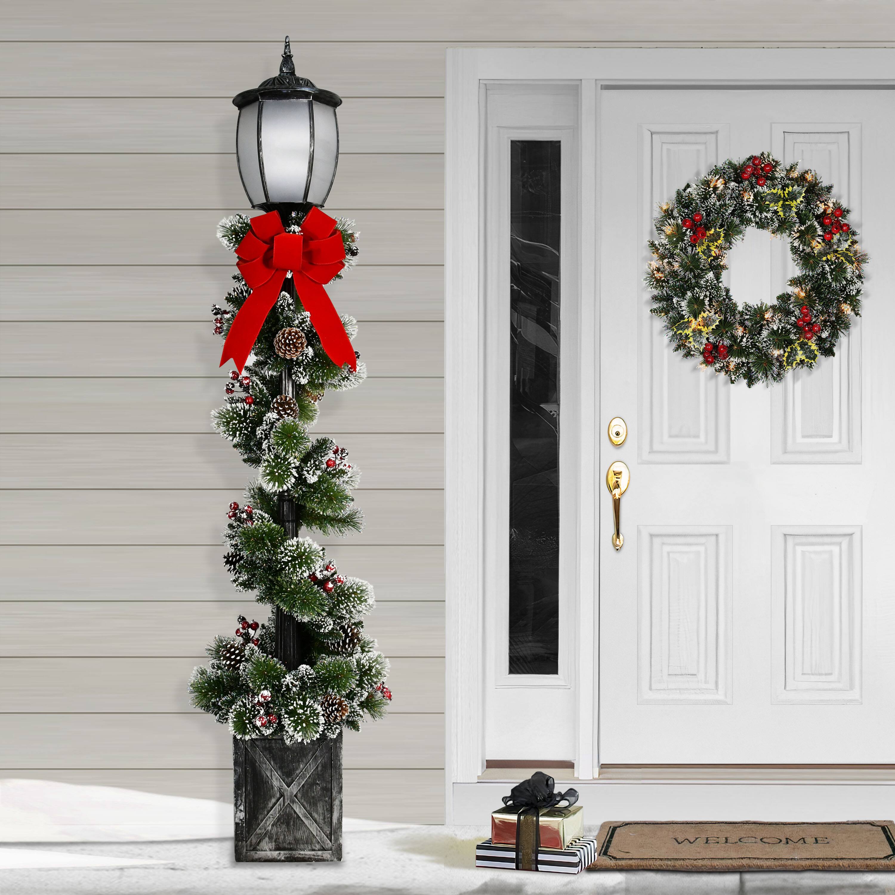 Puleo International 7ft. Pre-Lit Lamp Post with Warm White Twinkling LED Lights Christmas Holiday Décor