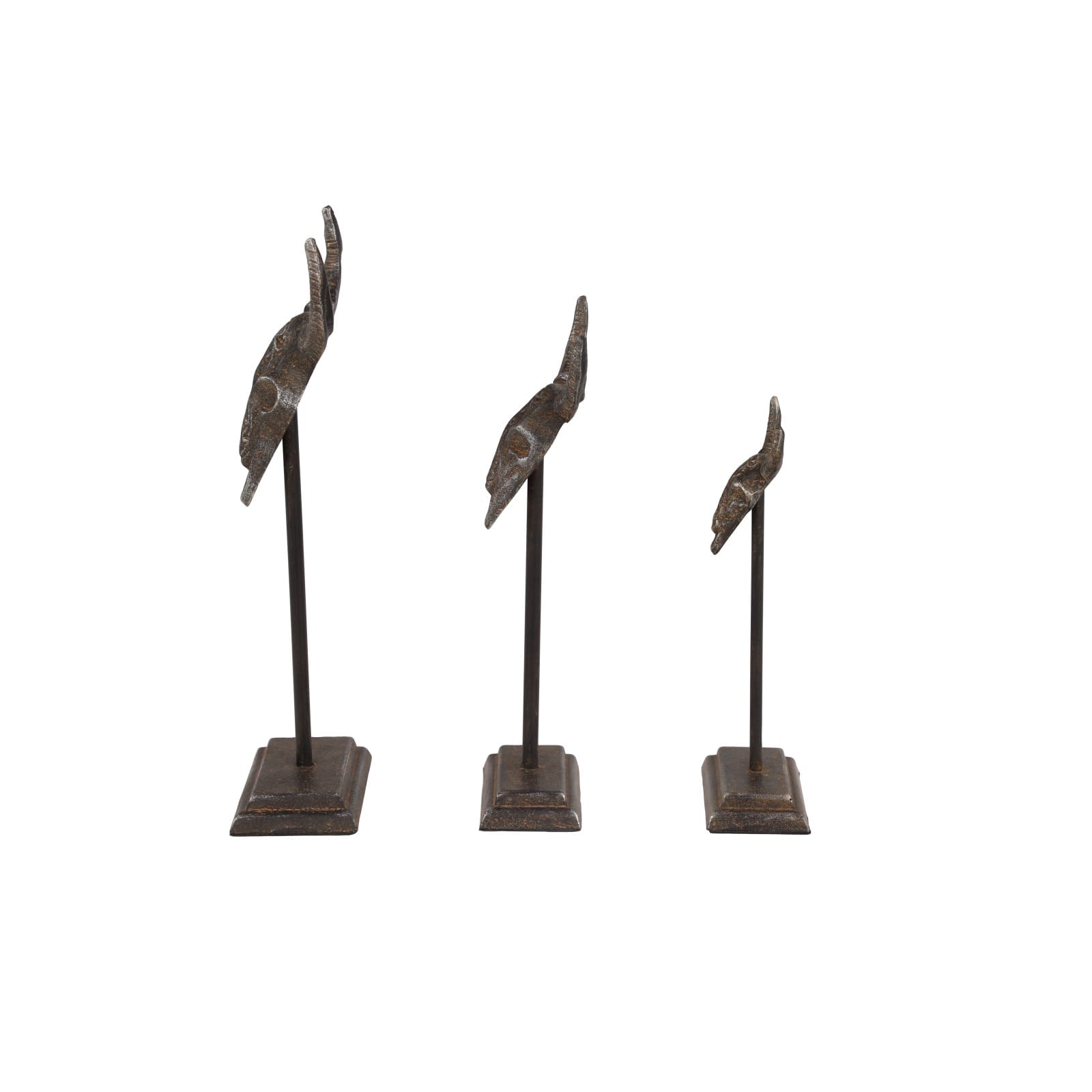 Set of 3 Grey Metal Eclectic Bull Sculpture, 15", 12", 10"