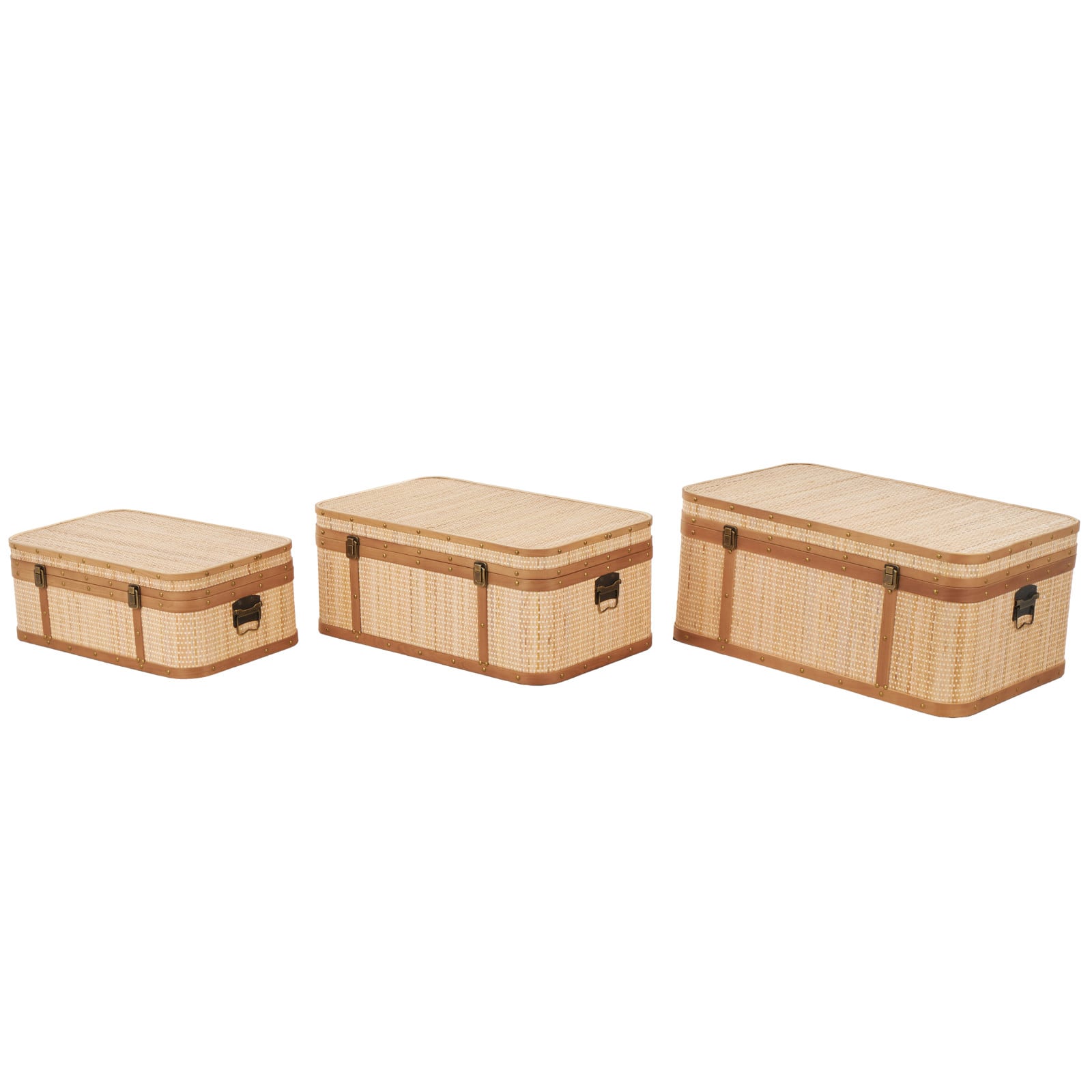 Light Brown Rattan Woven Decorative Trunk Set with Brass Metal Latches & Brown Wooden Accents