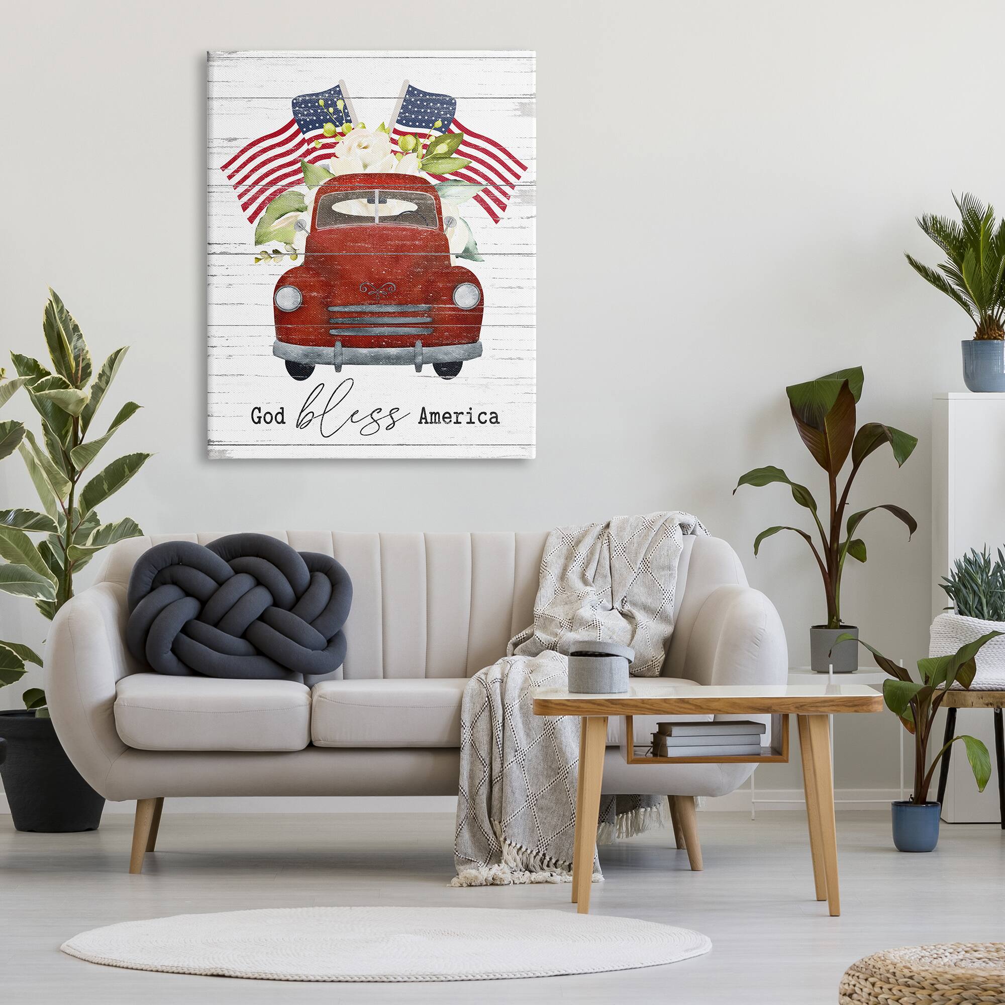Stupell Industries God Bless America Sentiment Americana Red Truck Flags Canvas Wall Art