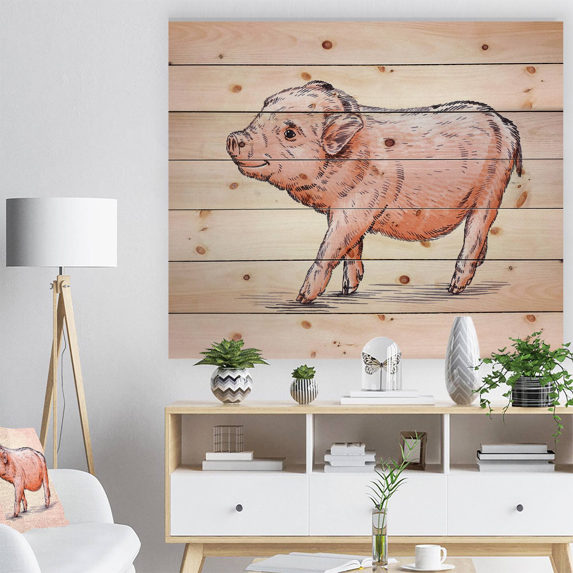 Designart - Happy Pig Portrait in Brush Painting - Farmhouse Animal Painting Print on Natural Pine Wood