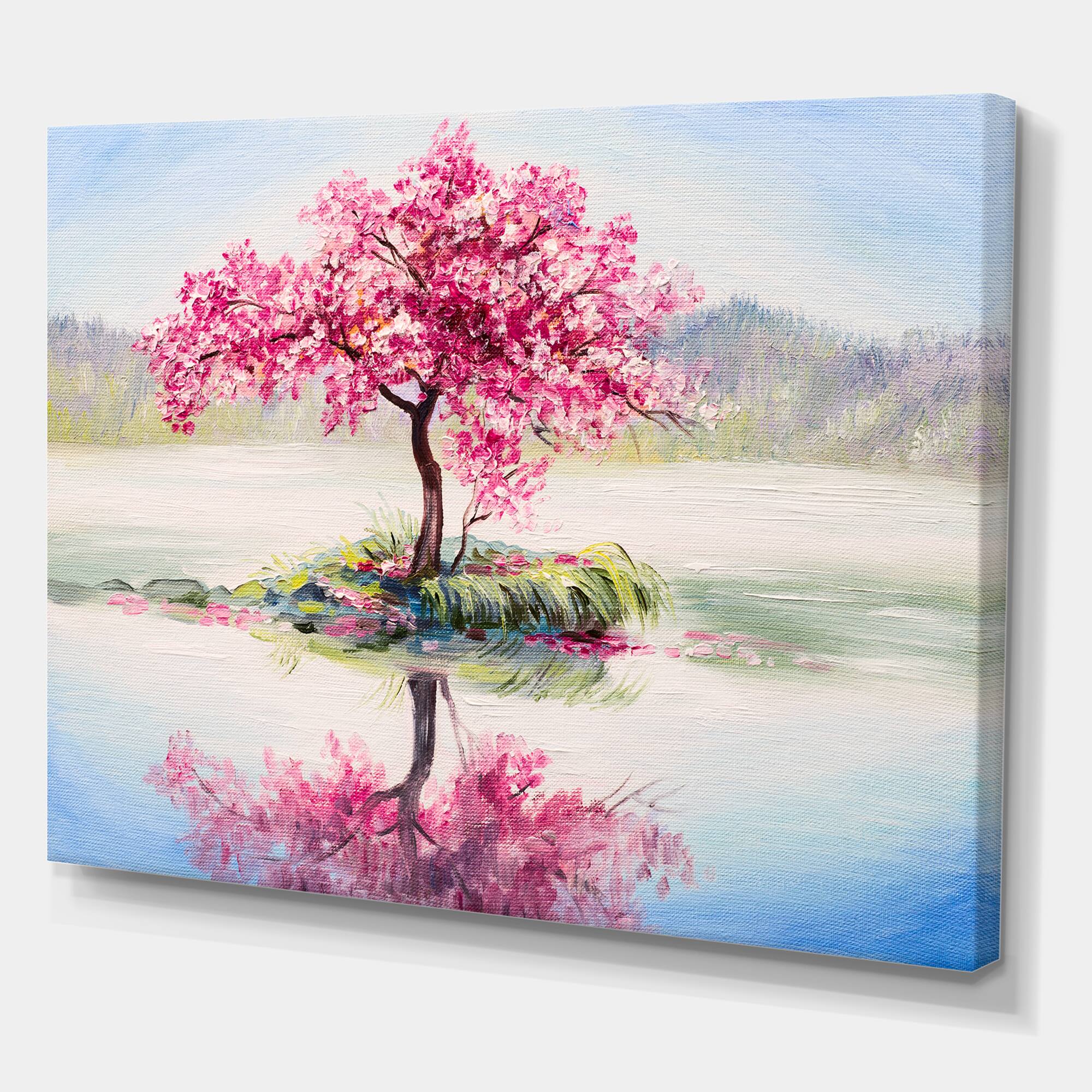 Designart - Japanese Cherry Blossom Tree On Little Idyllic IsLand - Farmhouse Canvas Wall Art Print
