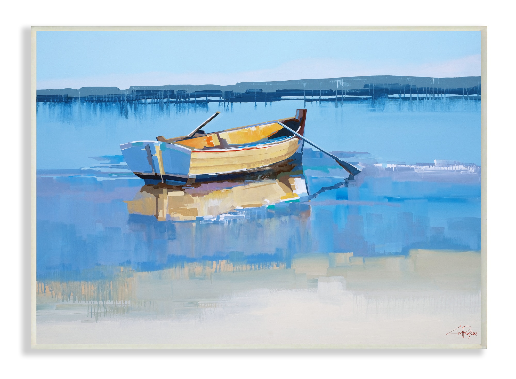 Stupell Industries Row Boat on Blue Coastal Shore Beach Landscape Wood Wall Plaque