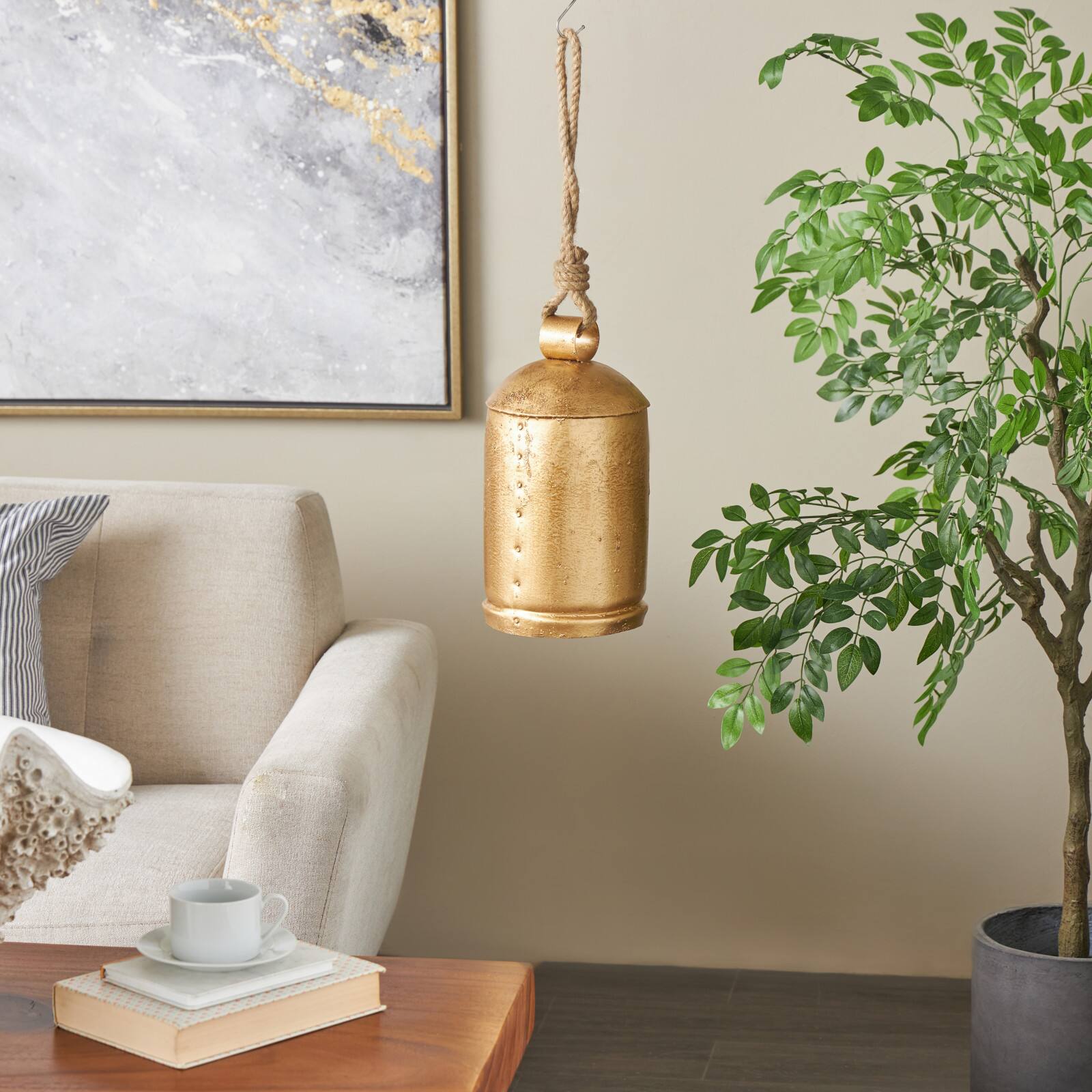 Gold Metal Decorative Bell with Jute Hanging Rope