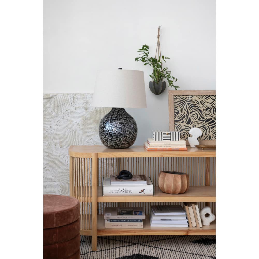 Hello Honey® 26" Multicolor Capiz Sphere Table Lamp with Floral Design and Linen Shade