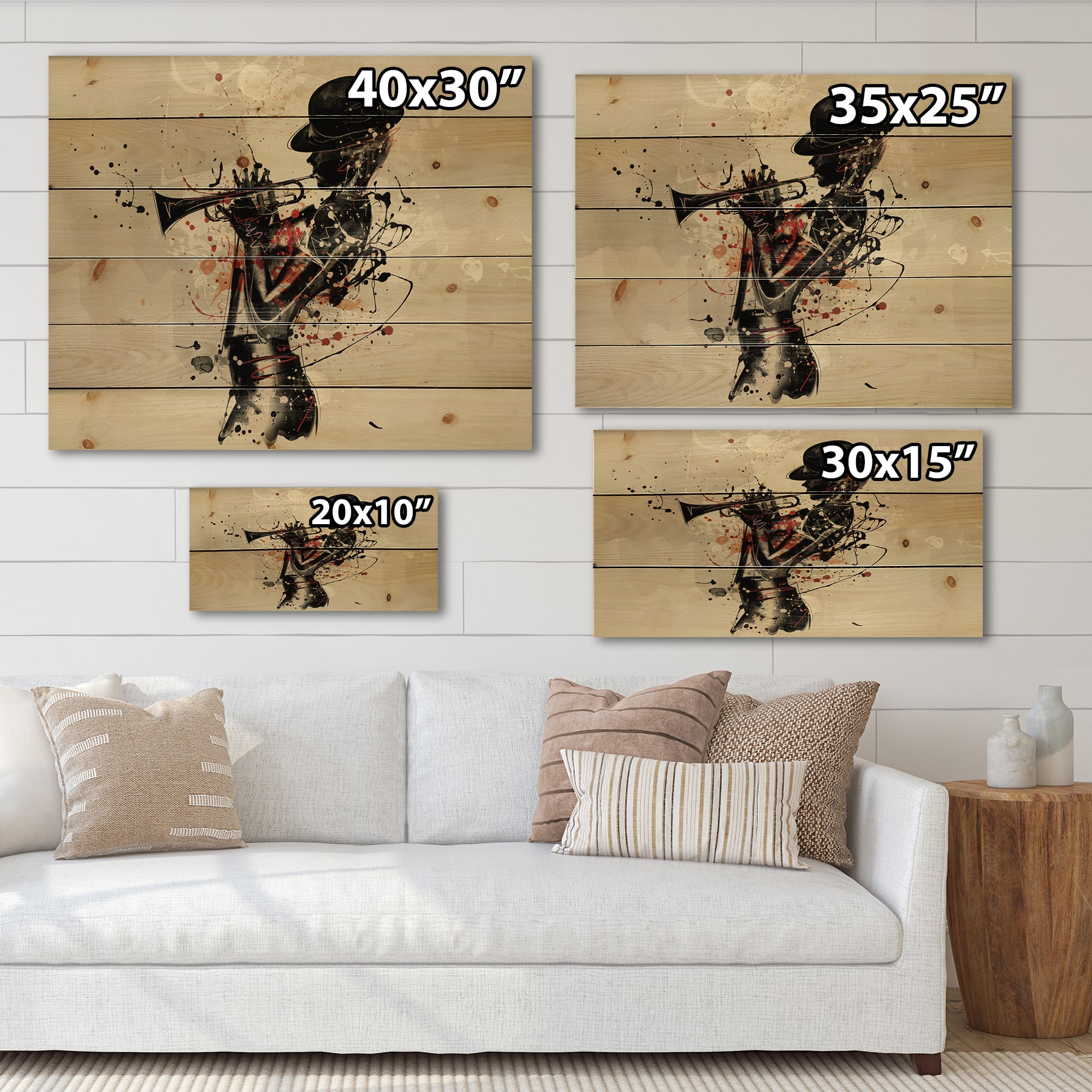 Designart - Woman Playing Jazz Trumpet - Modern Print on Natural Pine Wood