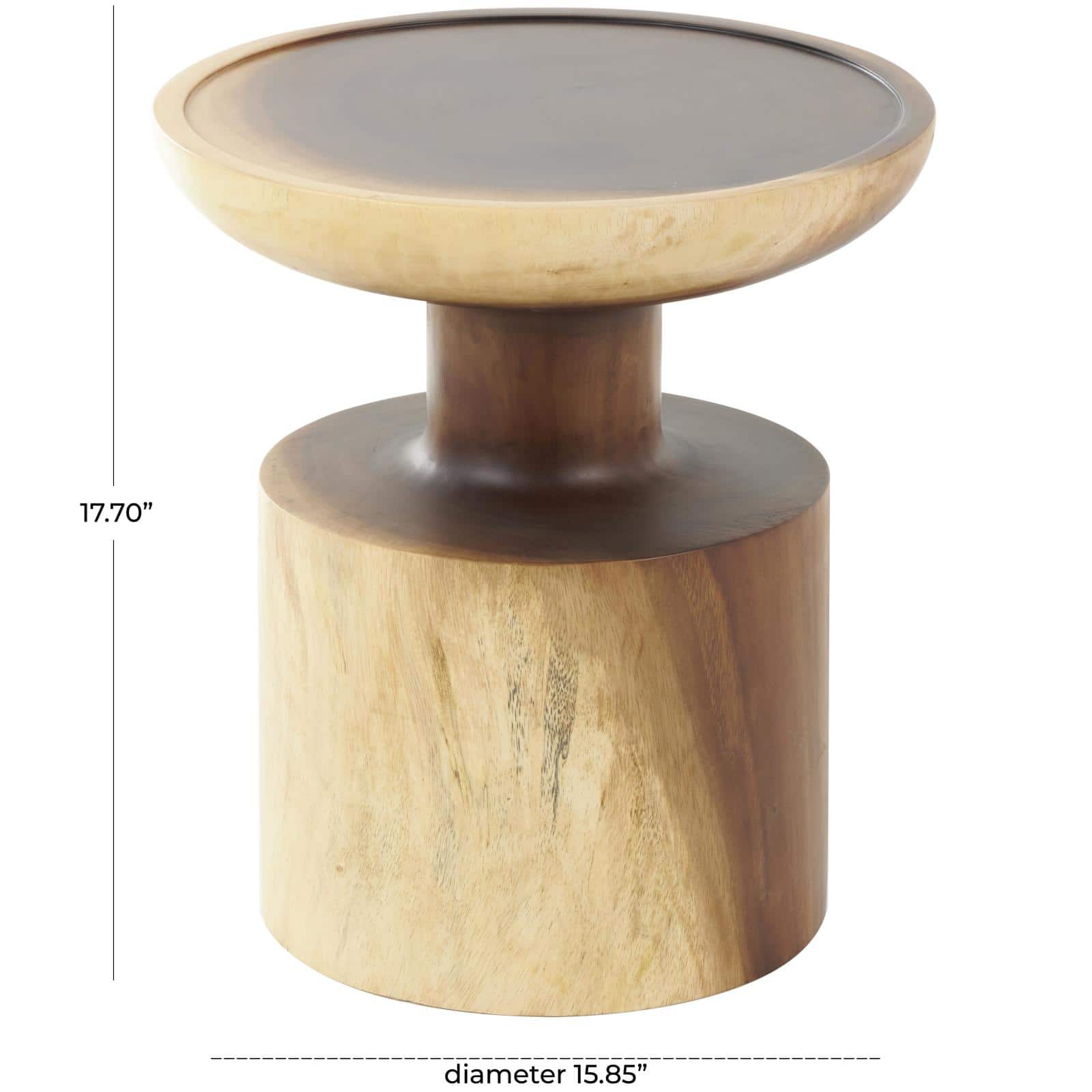 18" x 16" Natural Brown Round Handmade Albizia Wood Accent Table with Cylindrical Base