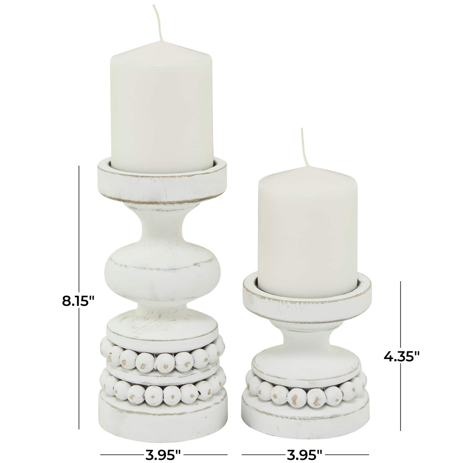 White Wood Beaded Pillar Candle Holder Set