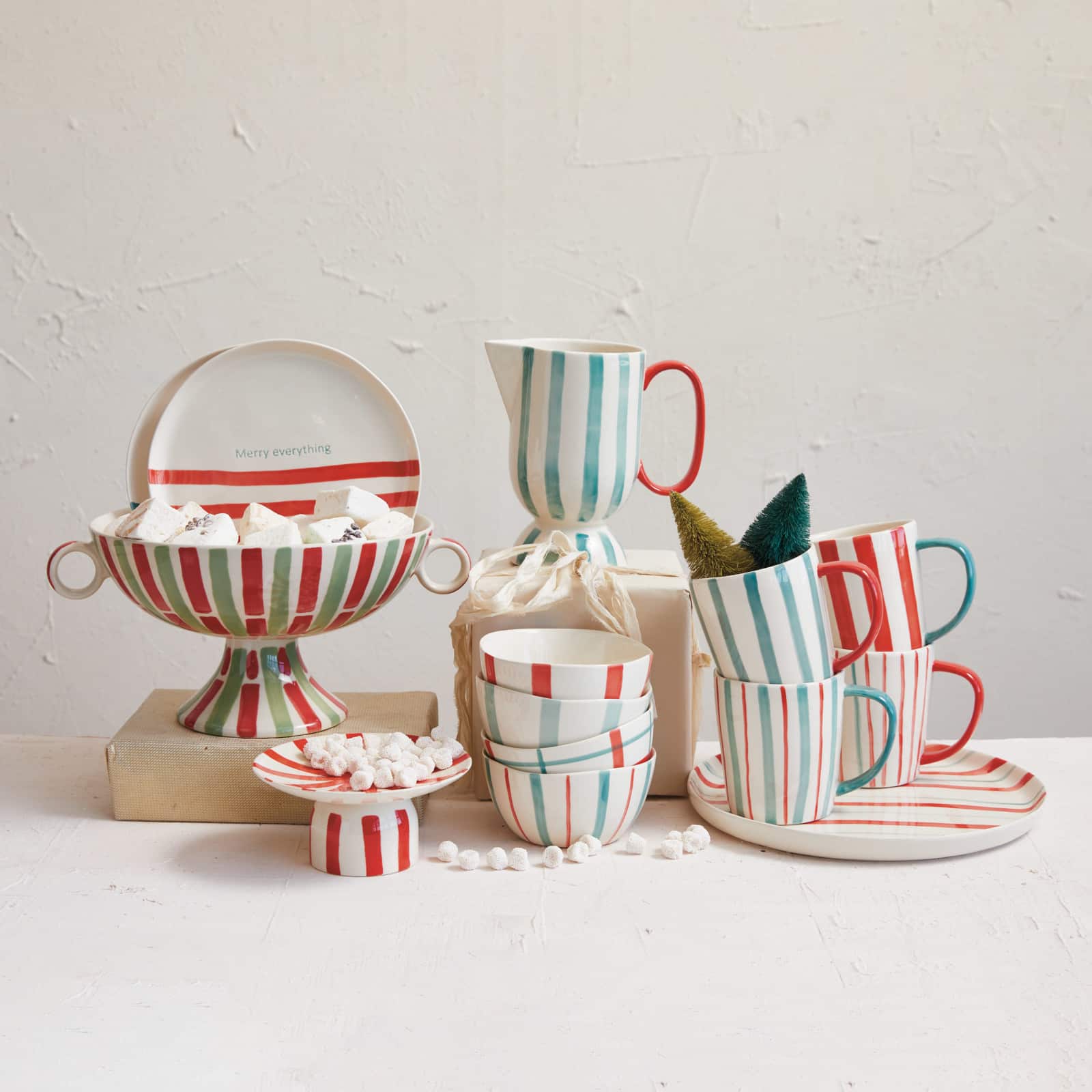 Hello Honey® 13" Red, Green & Cream Hand-Painted Stoneware Footed Bowl with Handles & Stripes