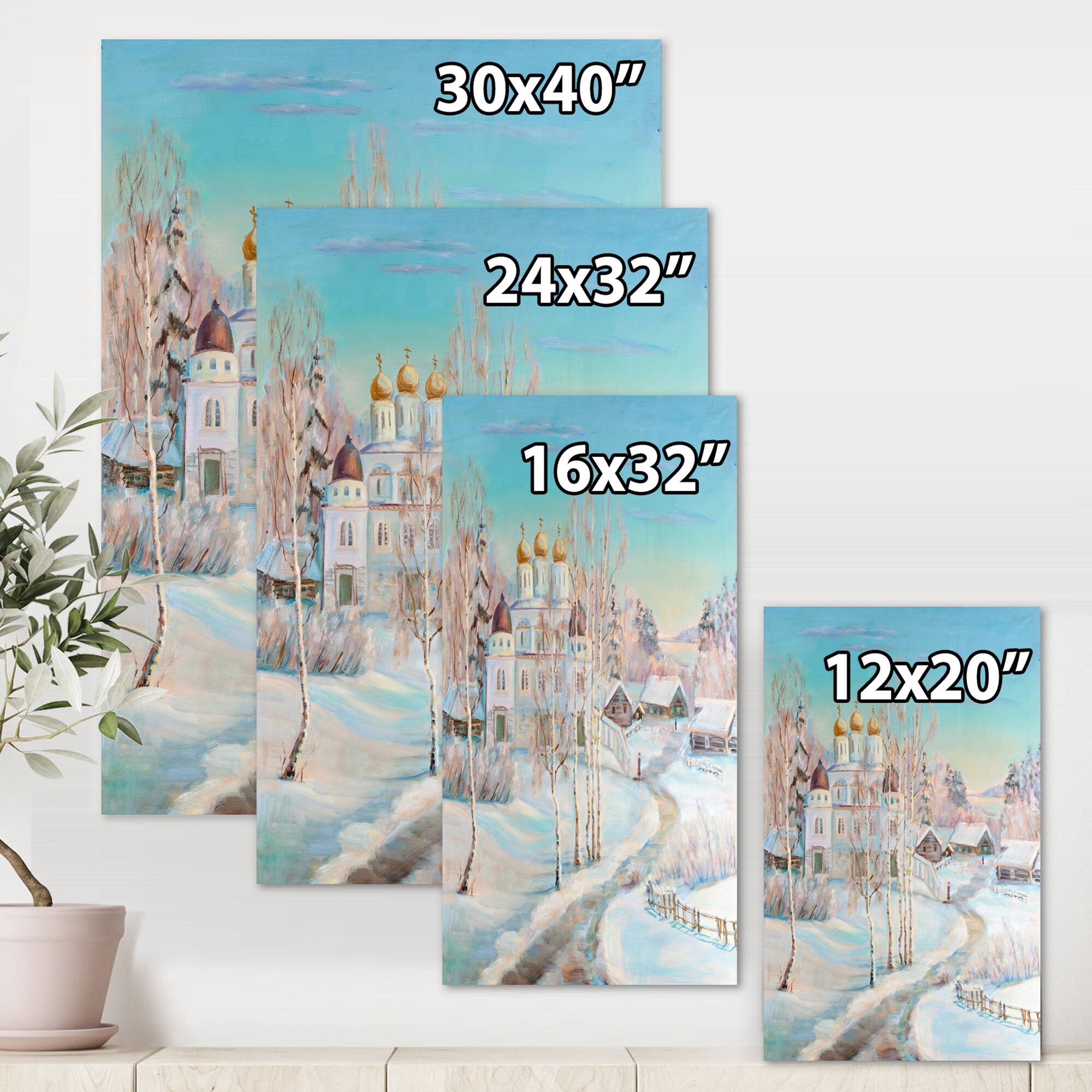 Designart - Country Road In Winter Landscape With Temple - Traditional Canvas Wall Art Print
