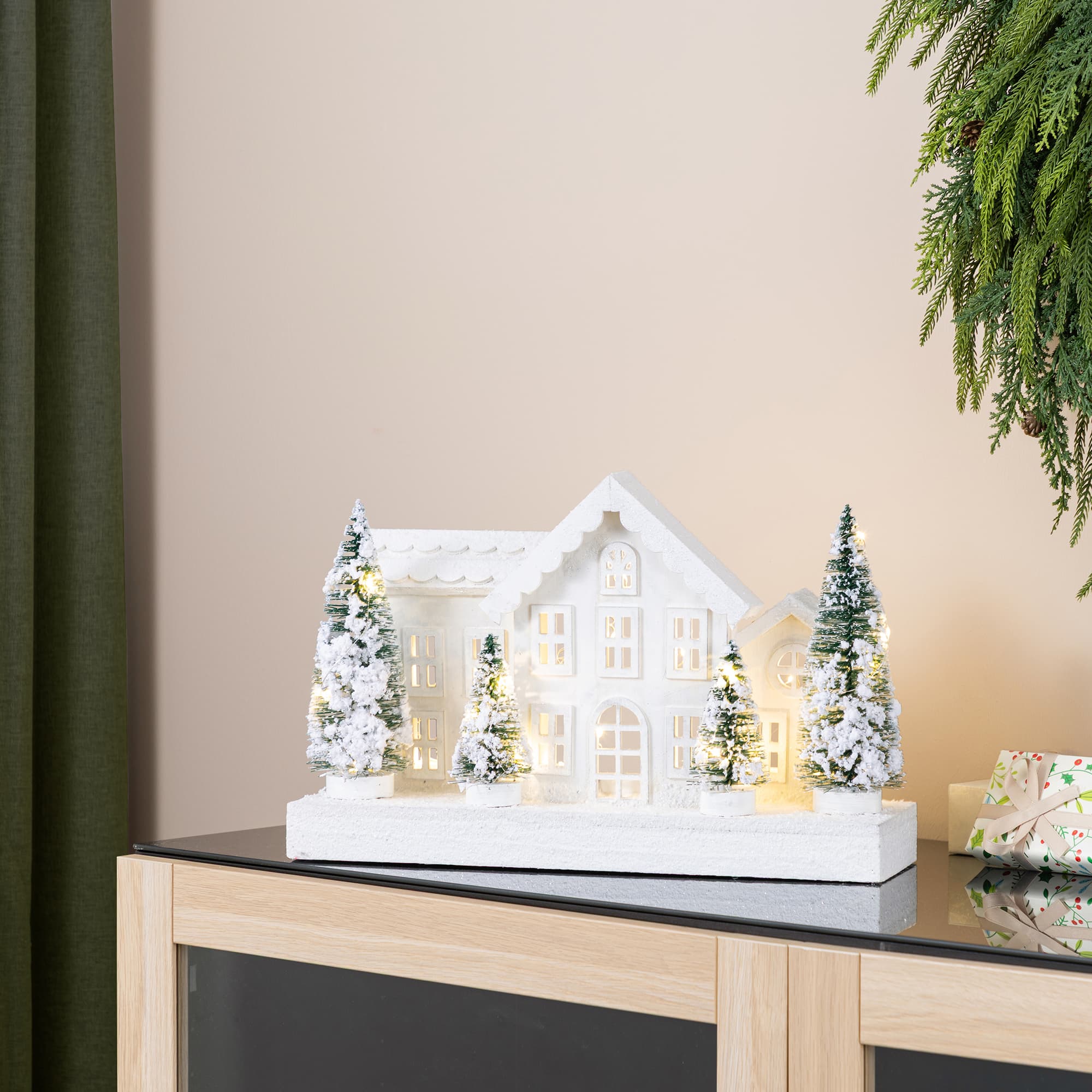 Glitzhome® Lighted Wooden Snowy Village Christmas Table Décor