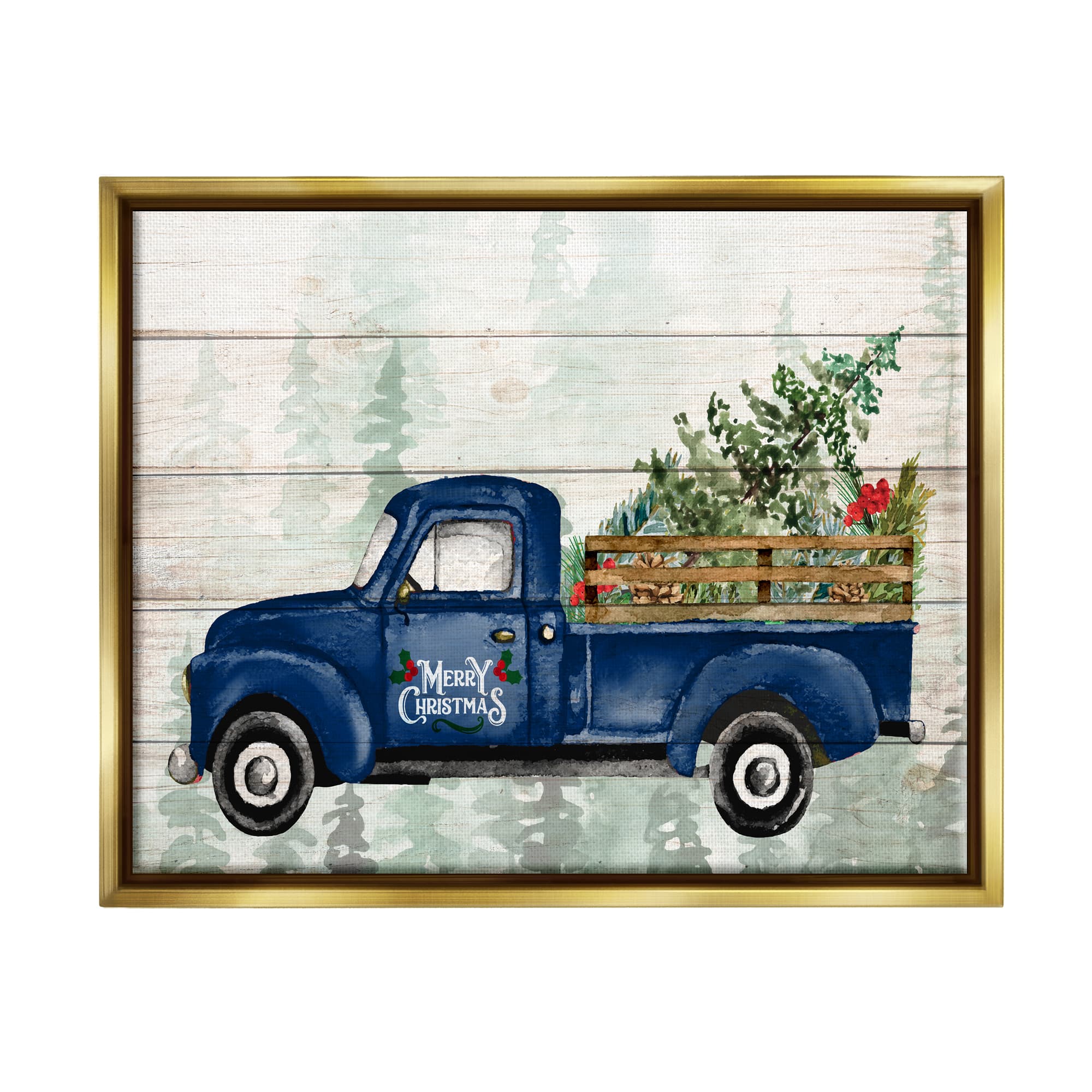 Stupell Industries Merry Christmas Blue Holiday Truck Framed Floater Canvas Wall Art in Gold | 25" x 31" | Michaels&reg;