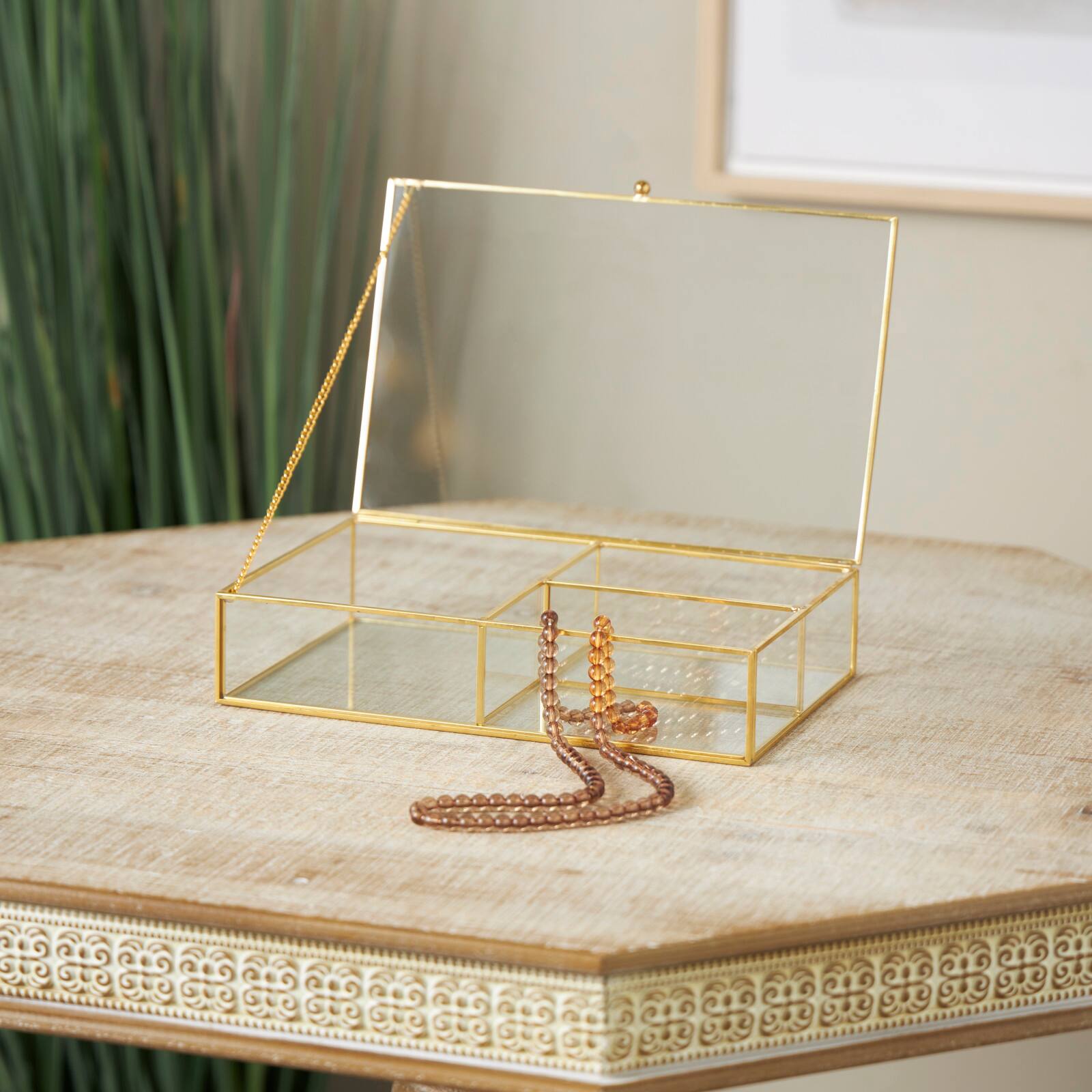 10" x 7" x 2" Clear & Gold 3-Slot Glass & Metal Jewelry Box with Chain Accent