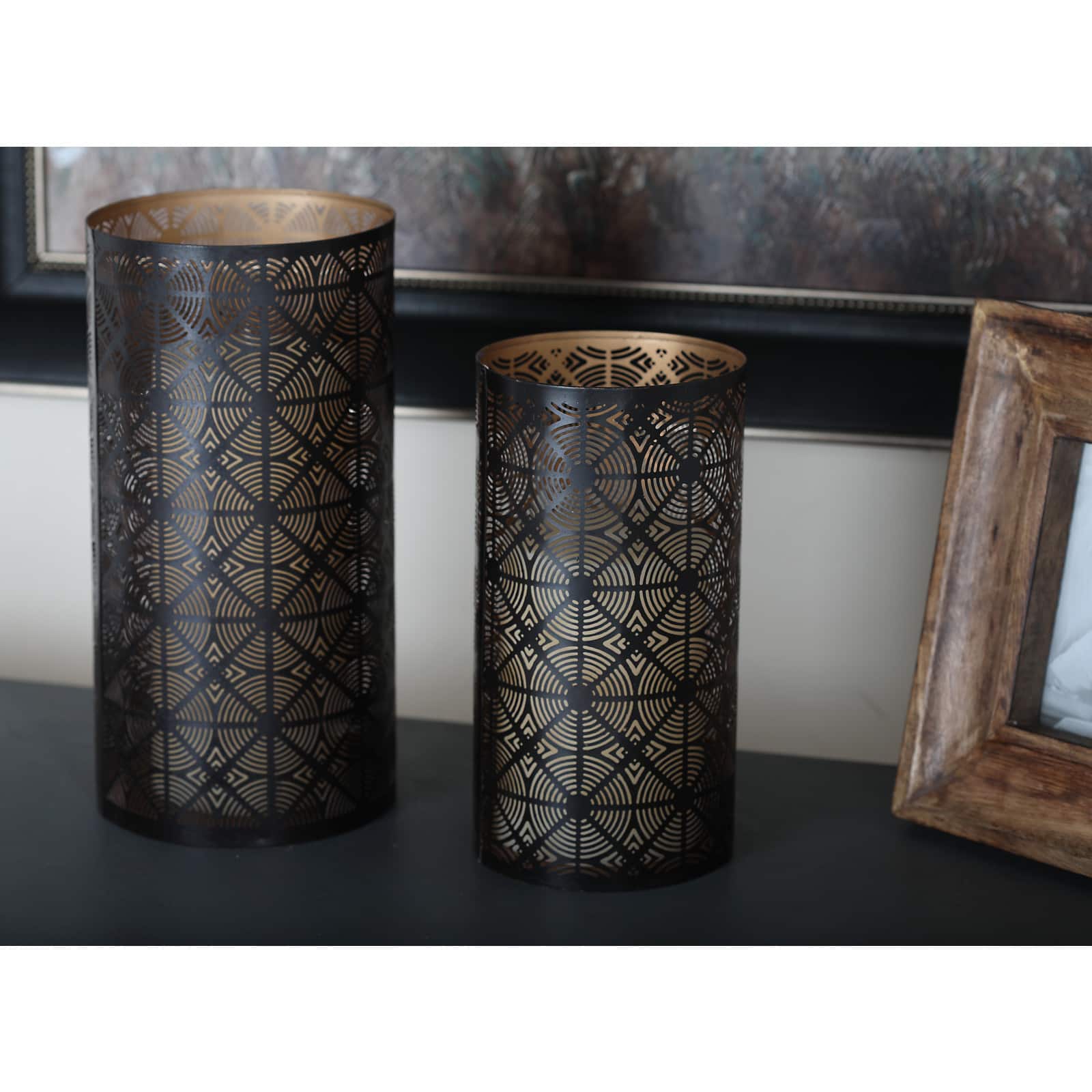 Set of 3" Brown Metal Eclectic Lantern, 12", 10", 6"