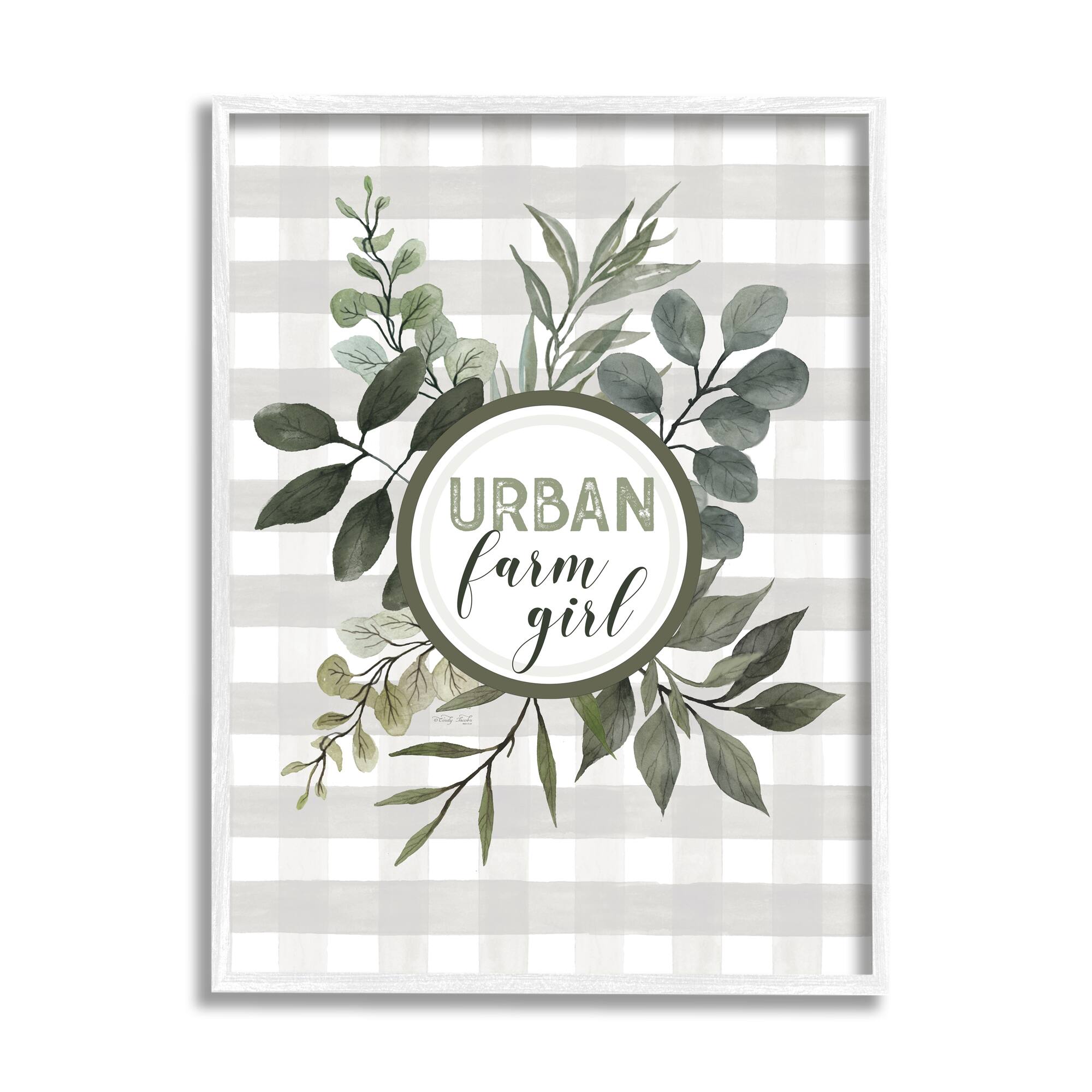 Stupell Industries Urban Farm Girl Phrase Botanical Branches Soft Plaid Framed Wall Art
