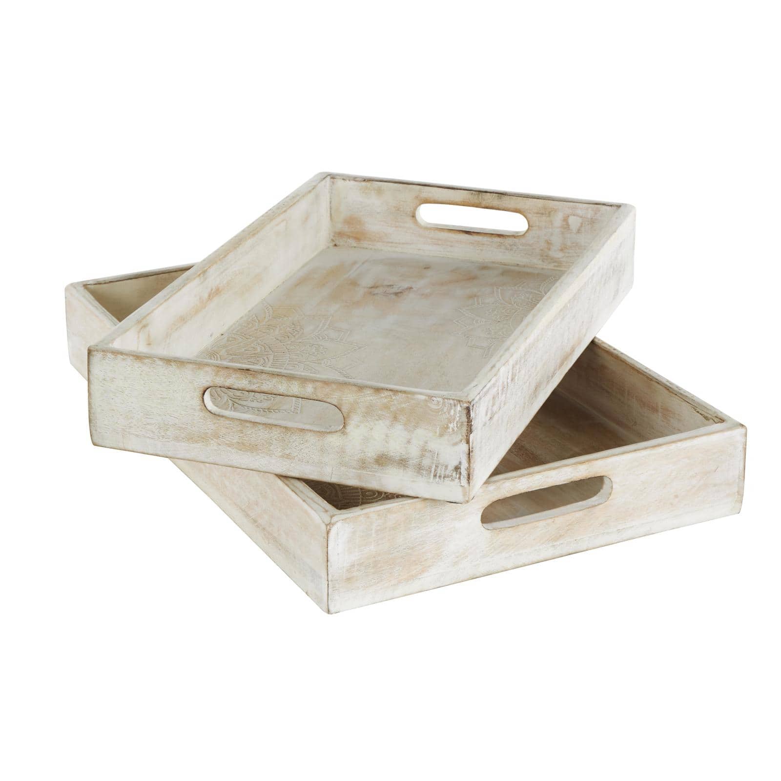 Whitewashed Carved Mandala Mango Wood Tray Set