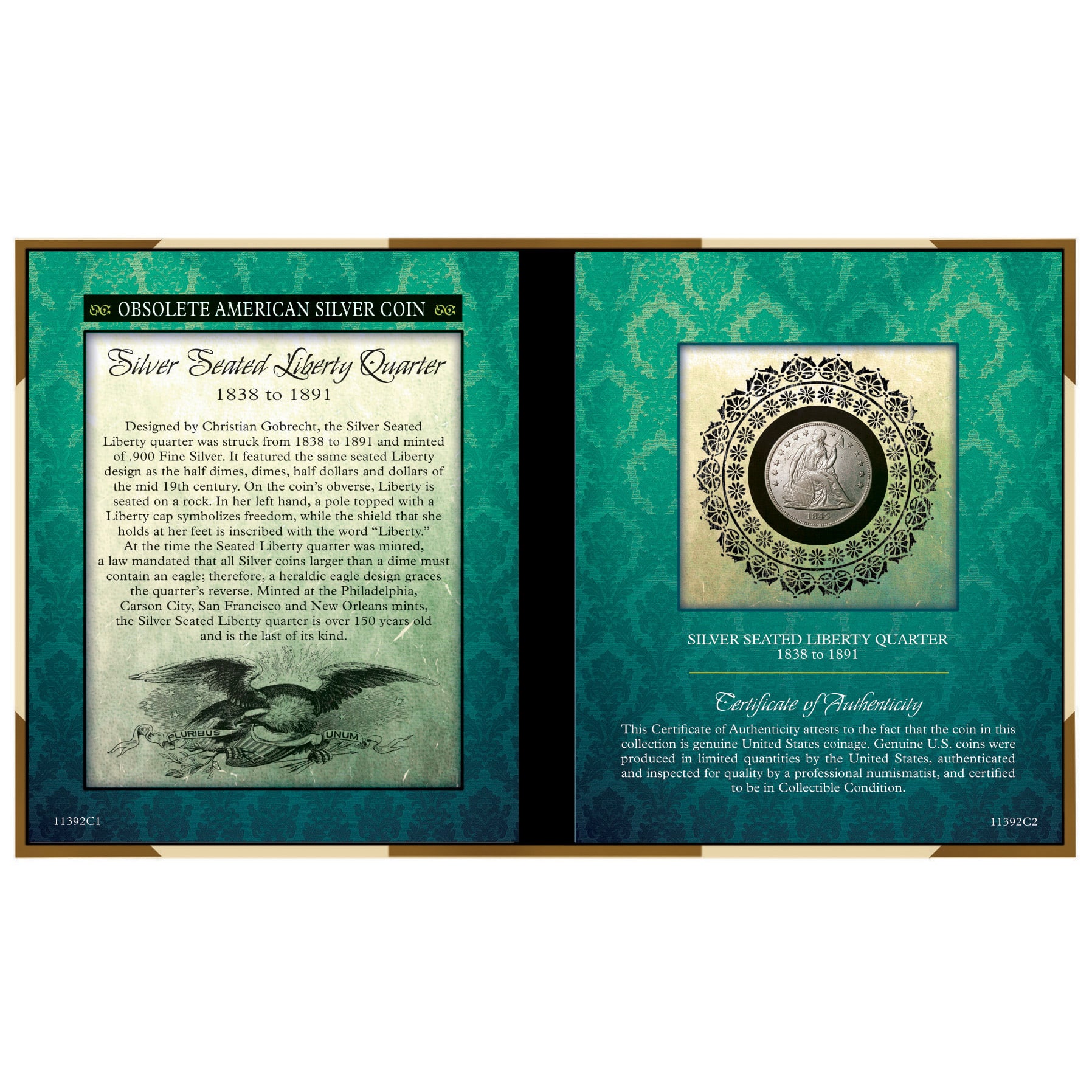 Obsolete American Seated Liberty Silver Quarter Coin with Display