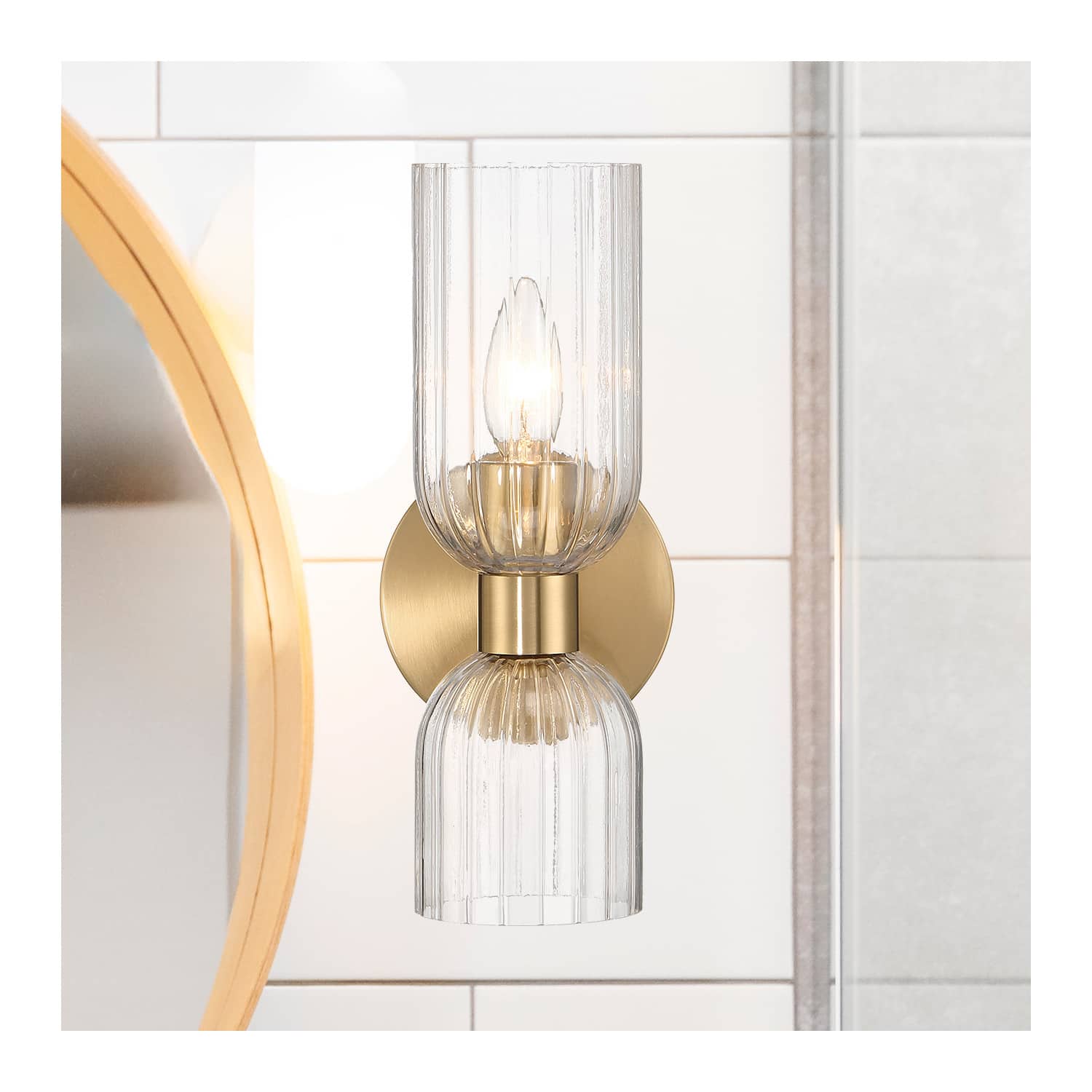 Hello Honey® Josephine Brushed Gold Mid-Century Modern Metal & Clear Ribbed Glass Wall Light