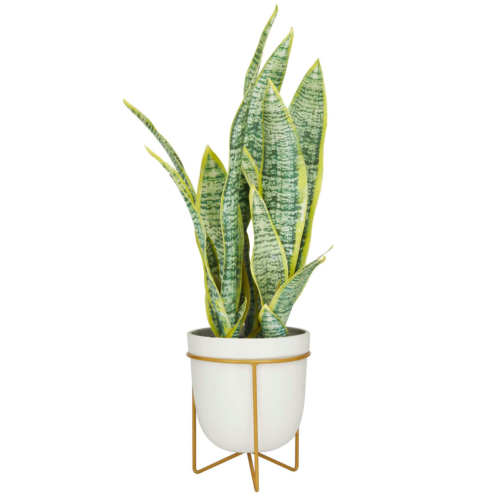 25" Green Snake Faux Foliage Artificial Plant with White Porcelain Pot and Gold Stand