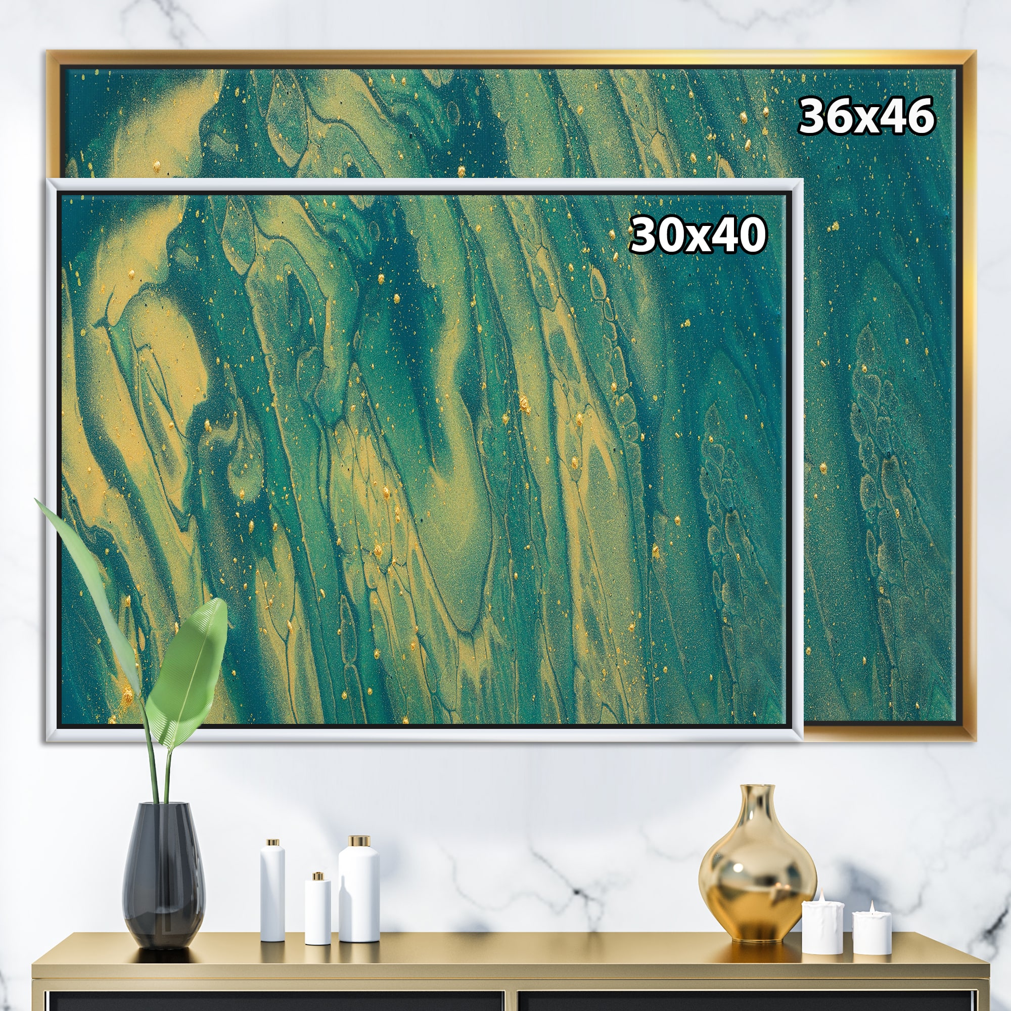 Designart - Emerald Green and Gold Marble - Glam Framed Canvas Wall Art Print