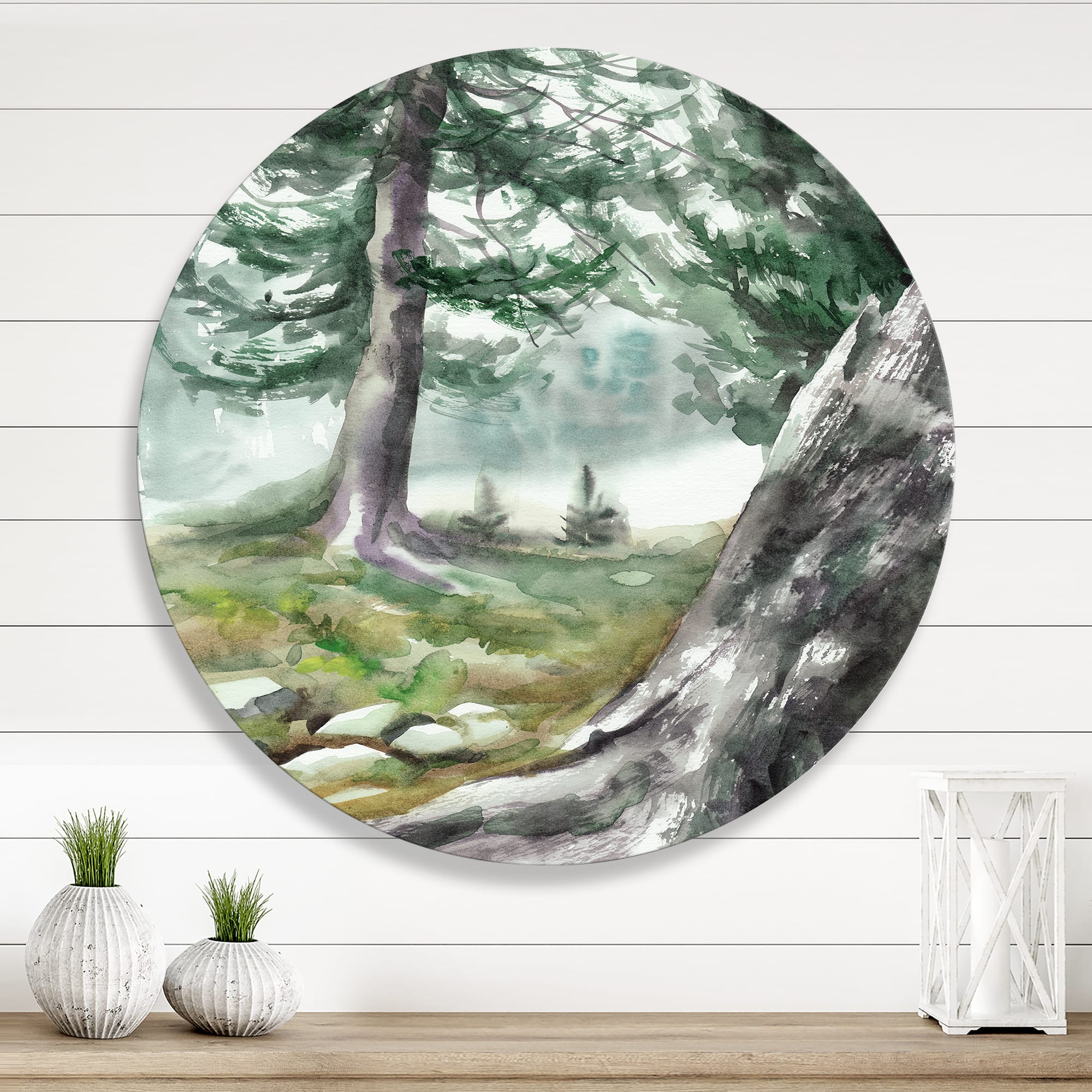Designart - Pine Forest In The Early Morning - Lake House Metal Circle Wall Art