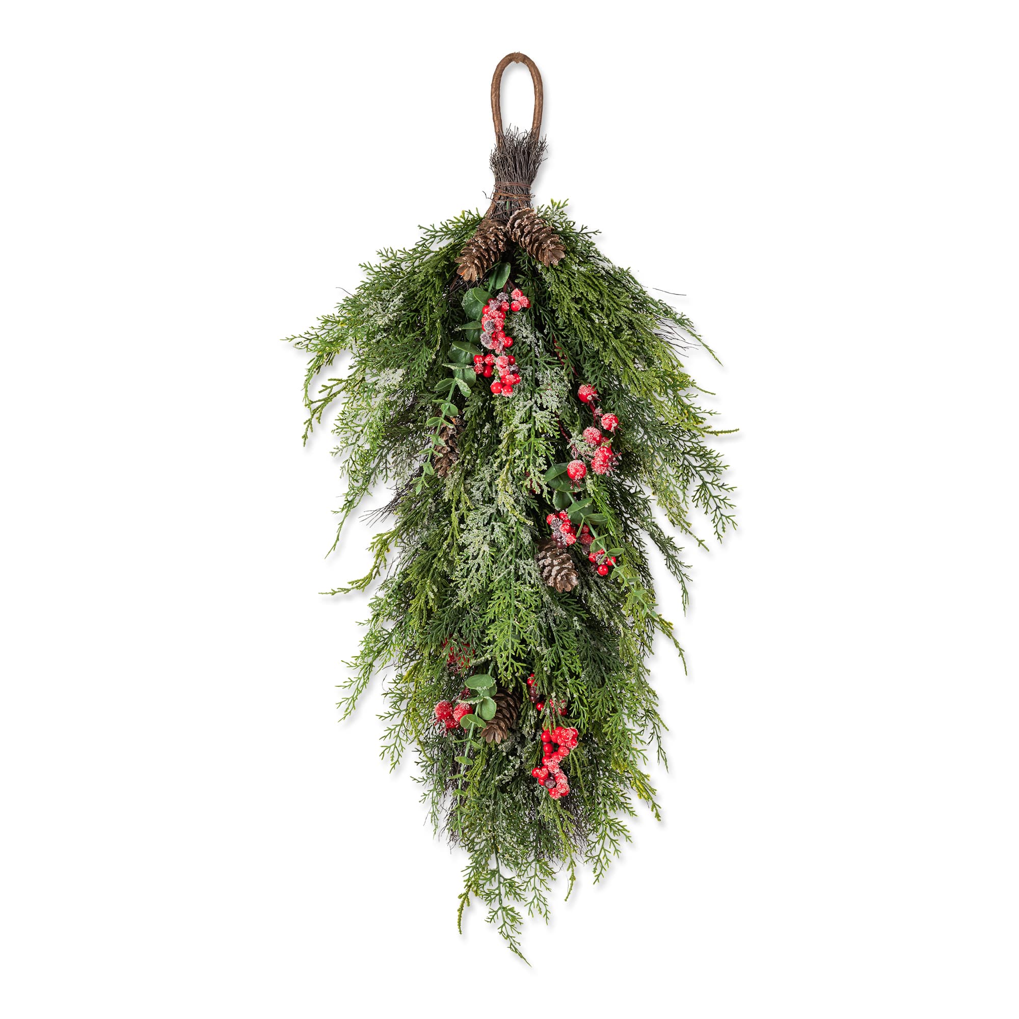 Glitzhome® 31.5" Christmas Greenery Frosted PE Teardrop with Pinecones & Red Berries
