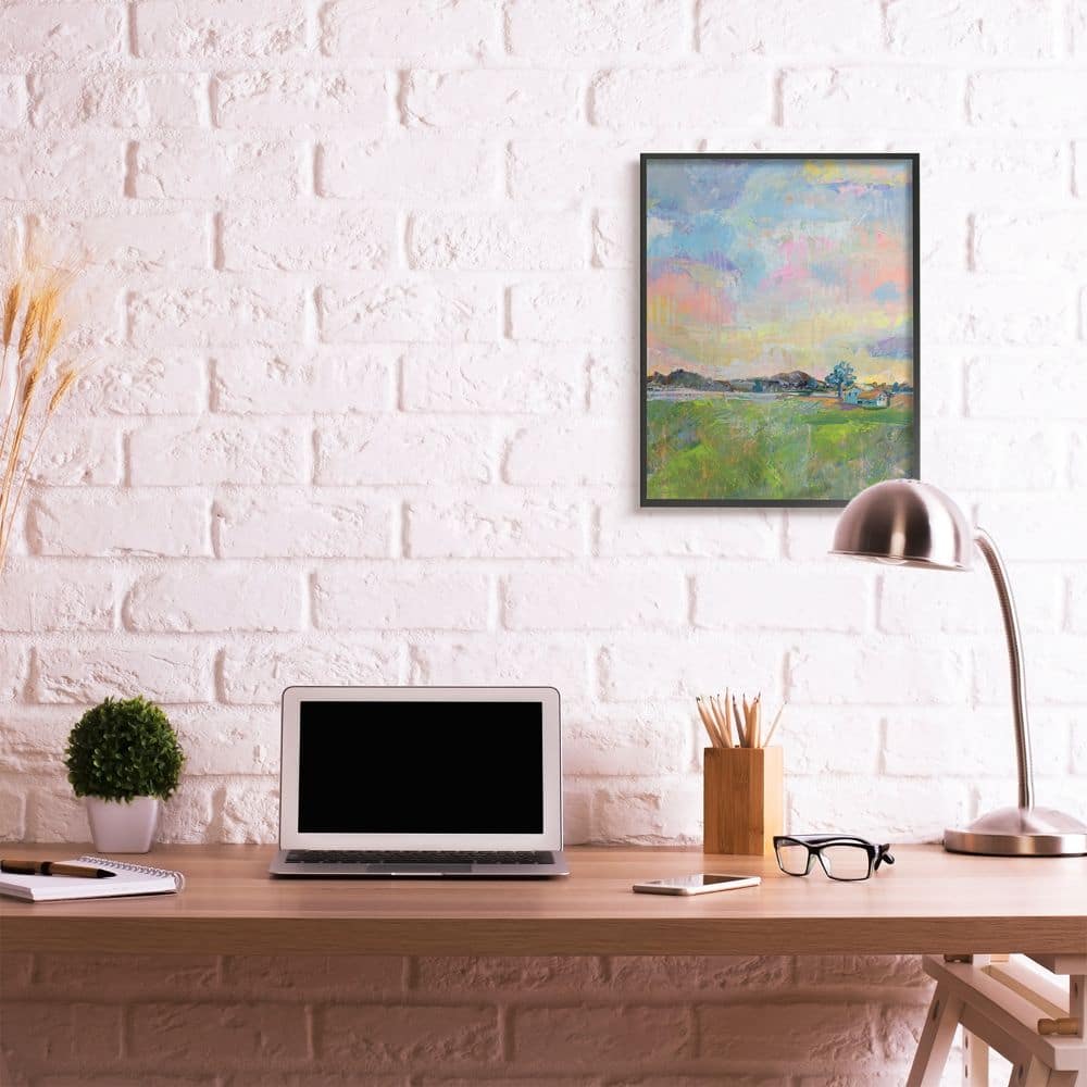 Stupell Industries Spring Meadow Sky with Field House Pastel Painting in Black Frame Wall Art