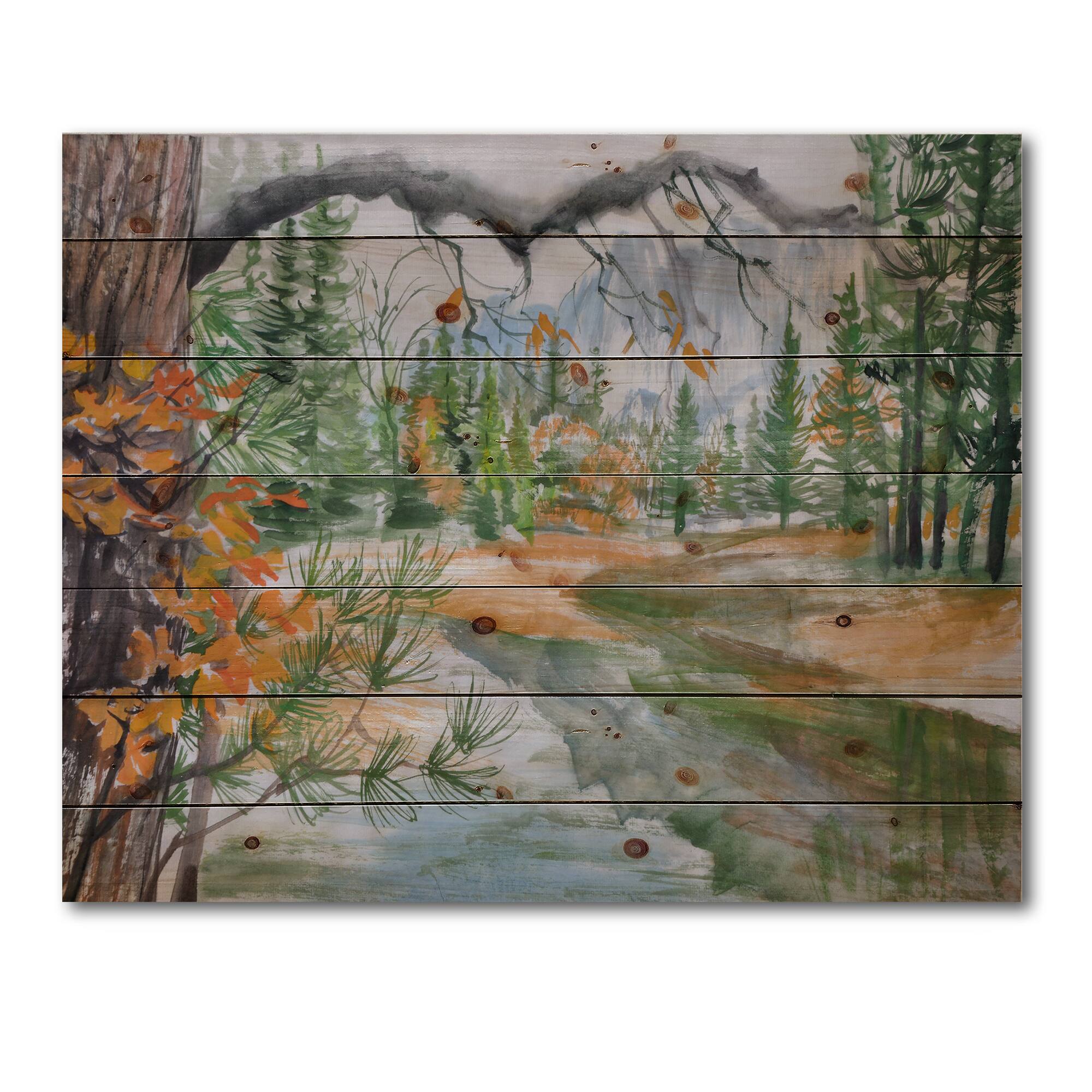Designart - River With Trees In Autumn Forest - Lake House Print on Natural Pine Wood