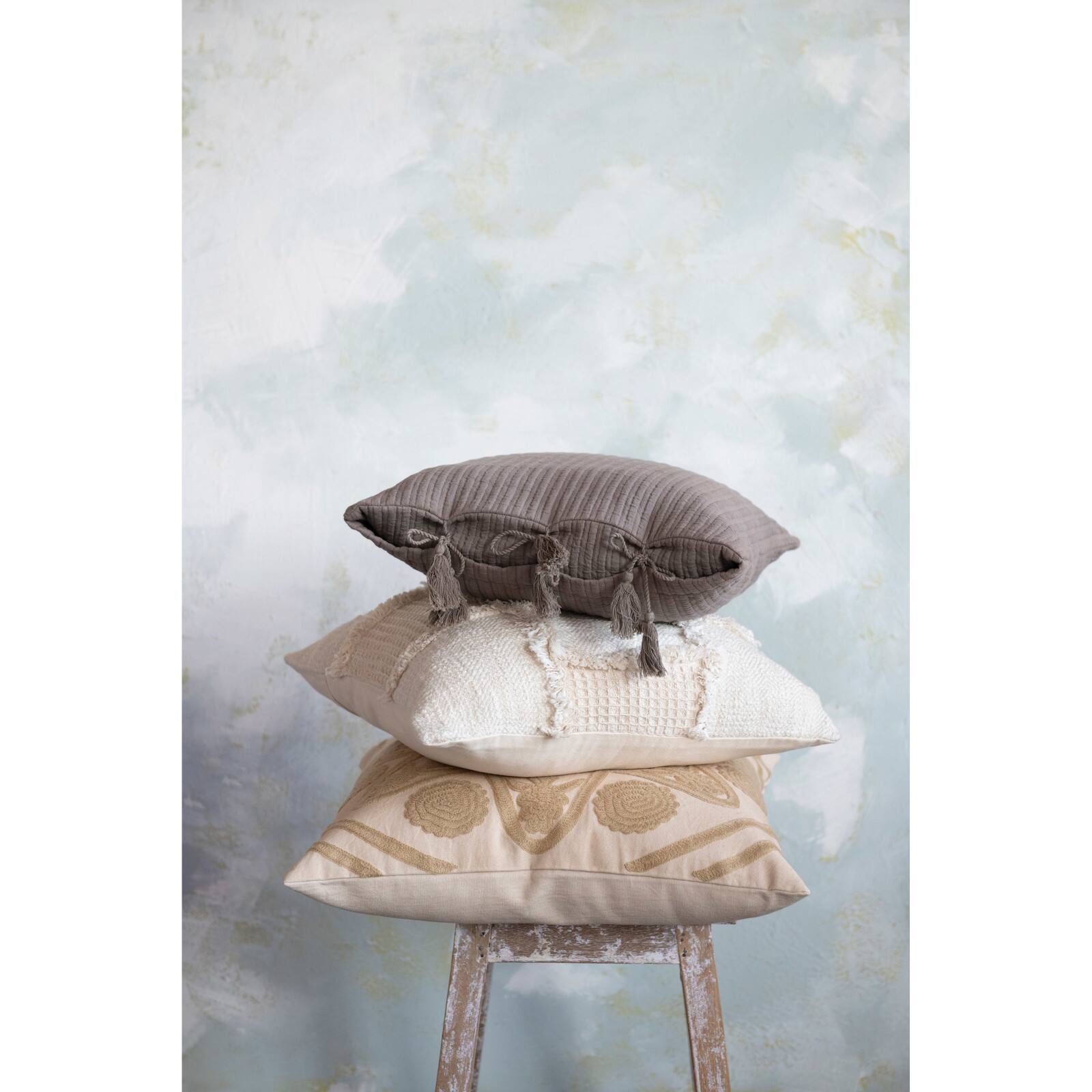Hello Honey® Woven Cotton & Wool Patchwork Pillow with Frayed Edges