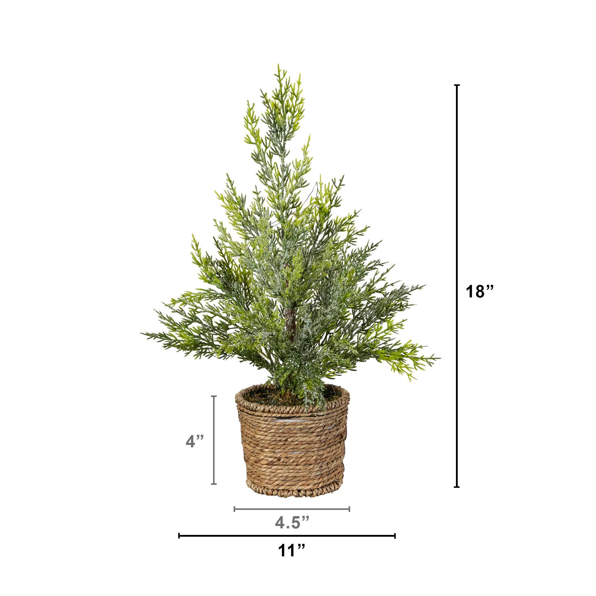 Nearly Natural 18" Pre-Lit Artificial Snowed Cypress Christmas Tree in Hyacinth Basket, Warm White LED Lights