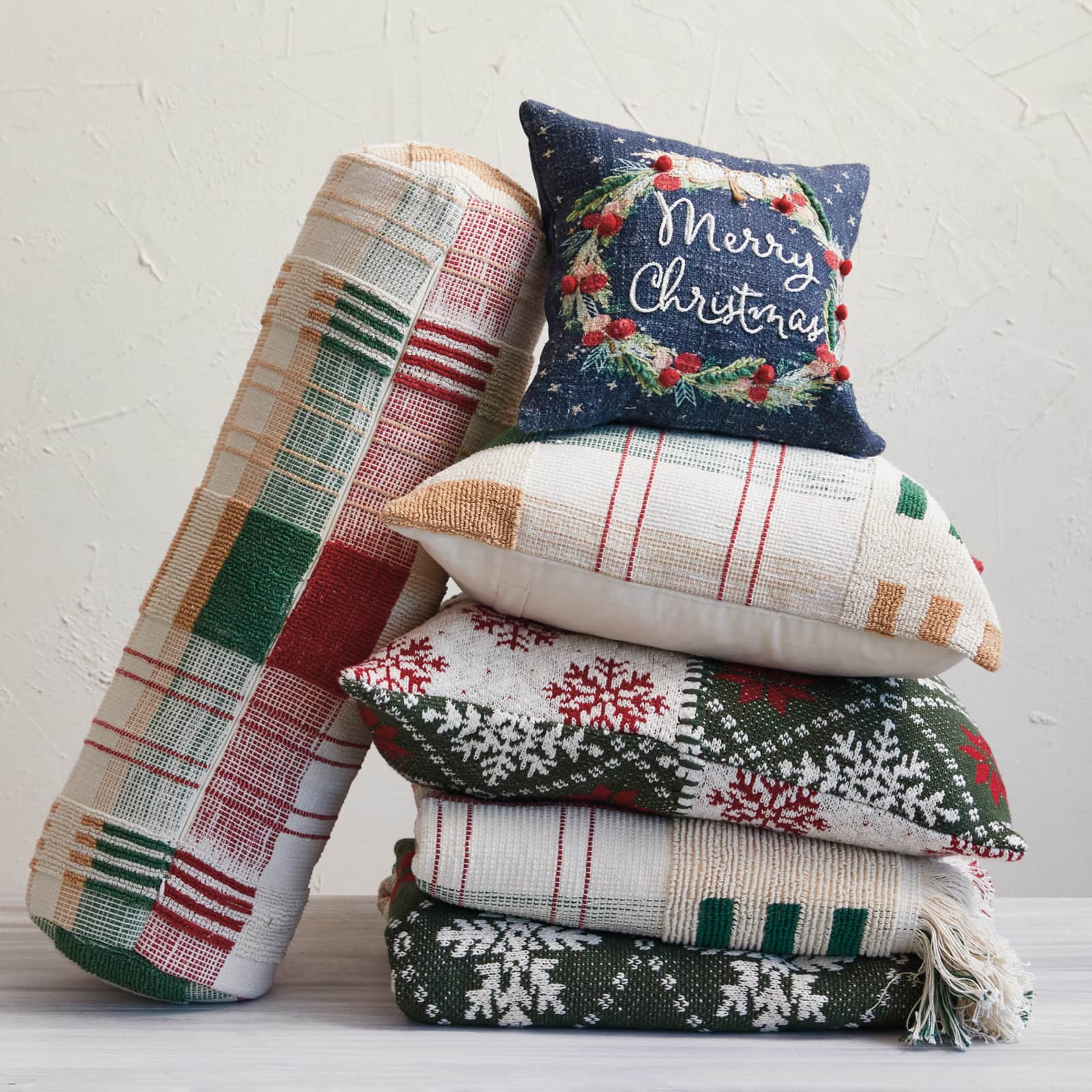 Hello Honey® 25" Red, Green & Gold Plaid Textured Woven Bolster Pillow