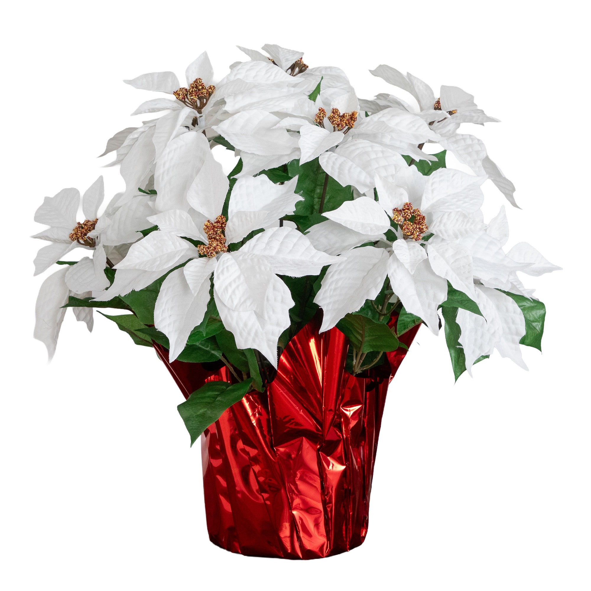 Nearly Natural 19" White Lush Poinsettia in Red Wrapped Artificial Planter