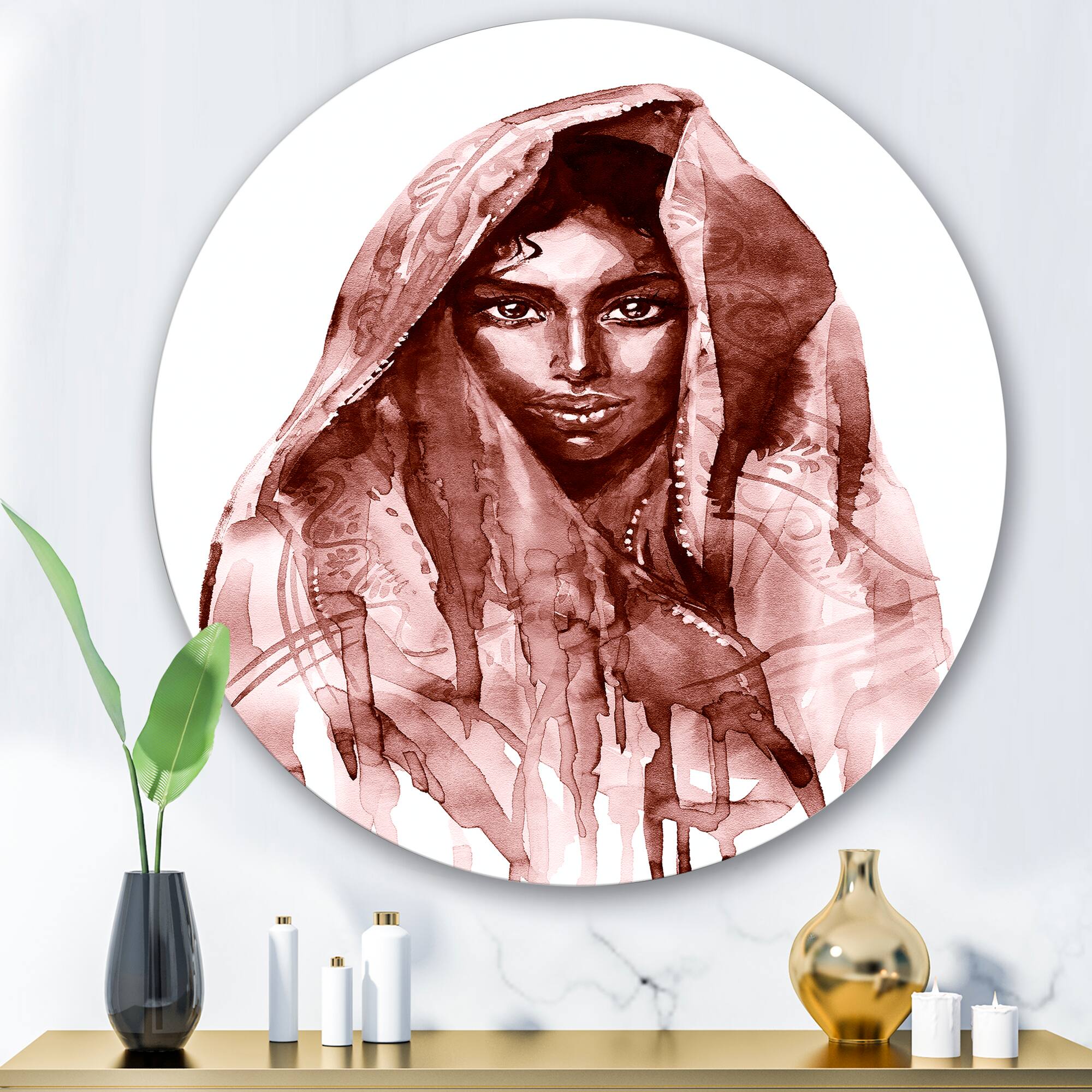 Designart - Monochrome Portrait of Young Indian Woman II - Modern Metal Circle Wall Art