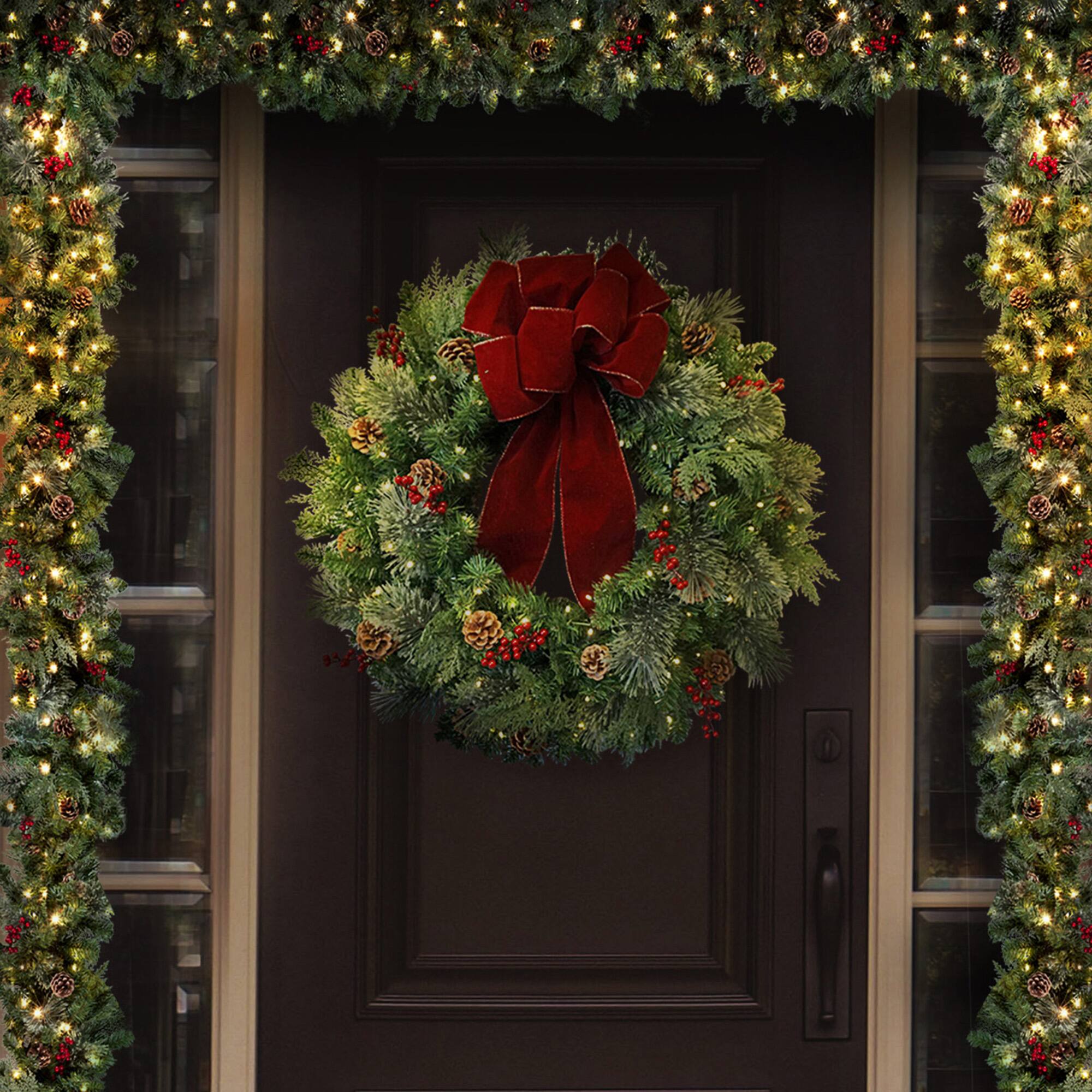 Haute Decor 30" Pre-Lit Berry & Pinecone Classic Christmas Wreath, Warm White LED Lights