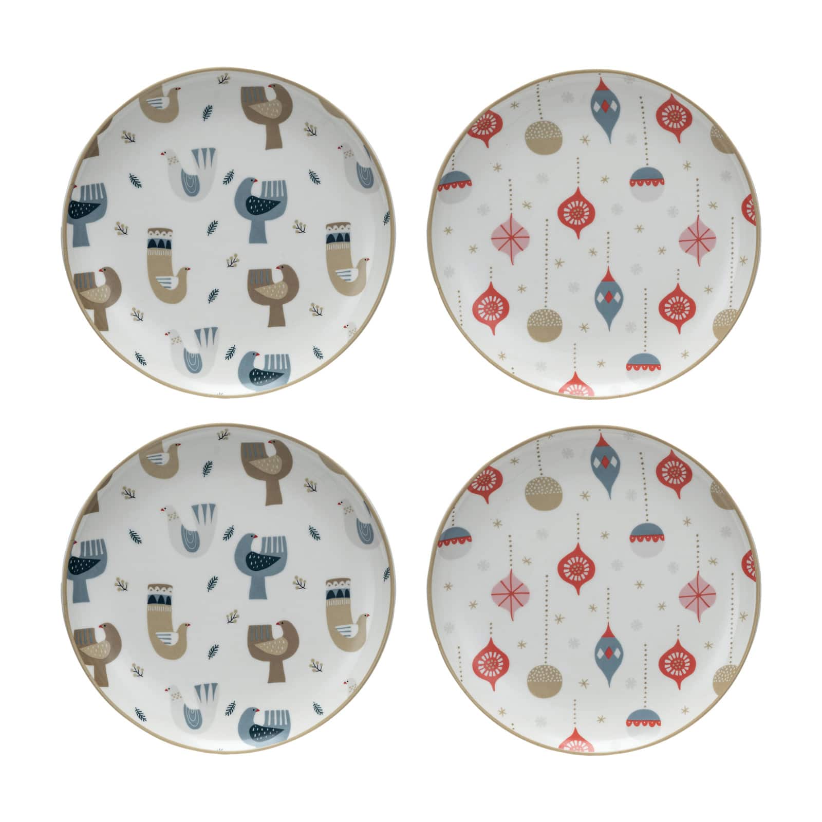 Hello Honey® 8" Round Bird & Ornament Print Stoneware Holiday Plates, 4ct.