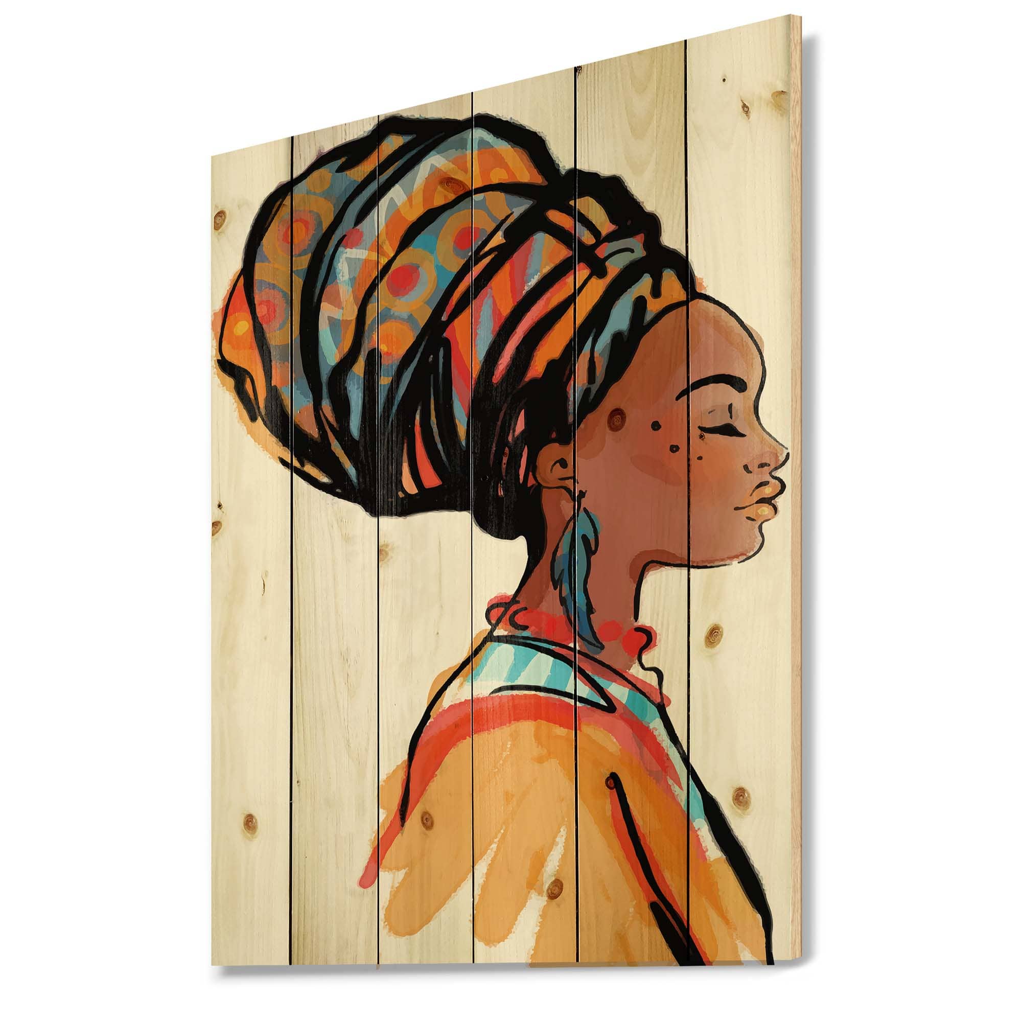 Designart - African American Woman with Turban I - Modern Print on Natural Pine Wood