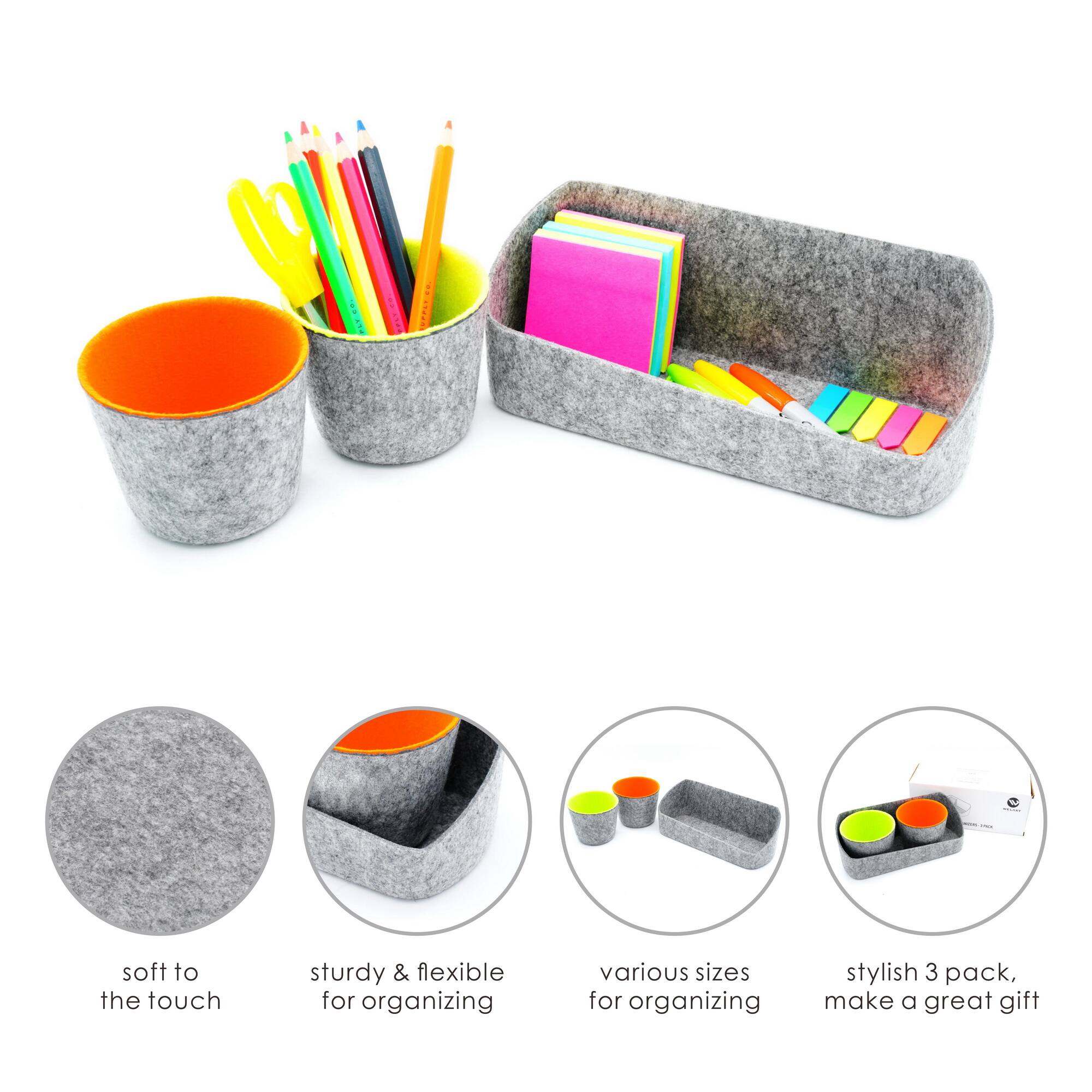 Welaxy Felt 3 Piece Gray Tray with Orange & Green Cups Desktop Organizer Set