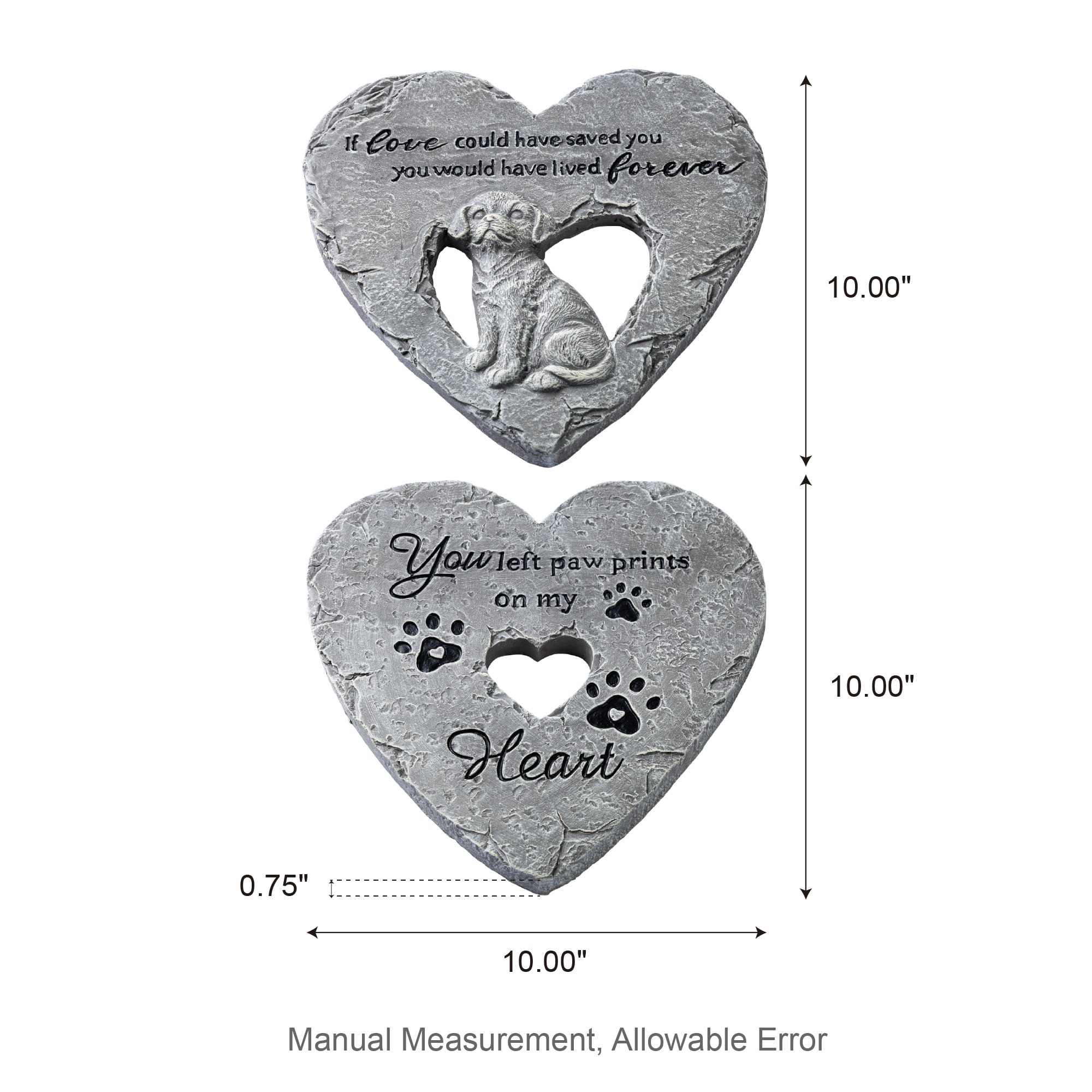 Glitzhome® 10" Set of 2 Cement Heart-Shaped Paw Prints and Dog Memory Stepping Stones