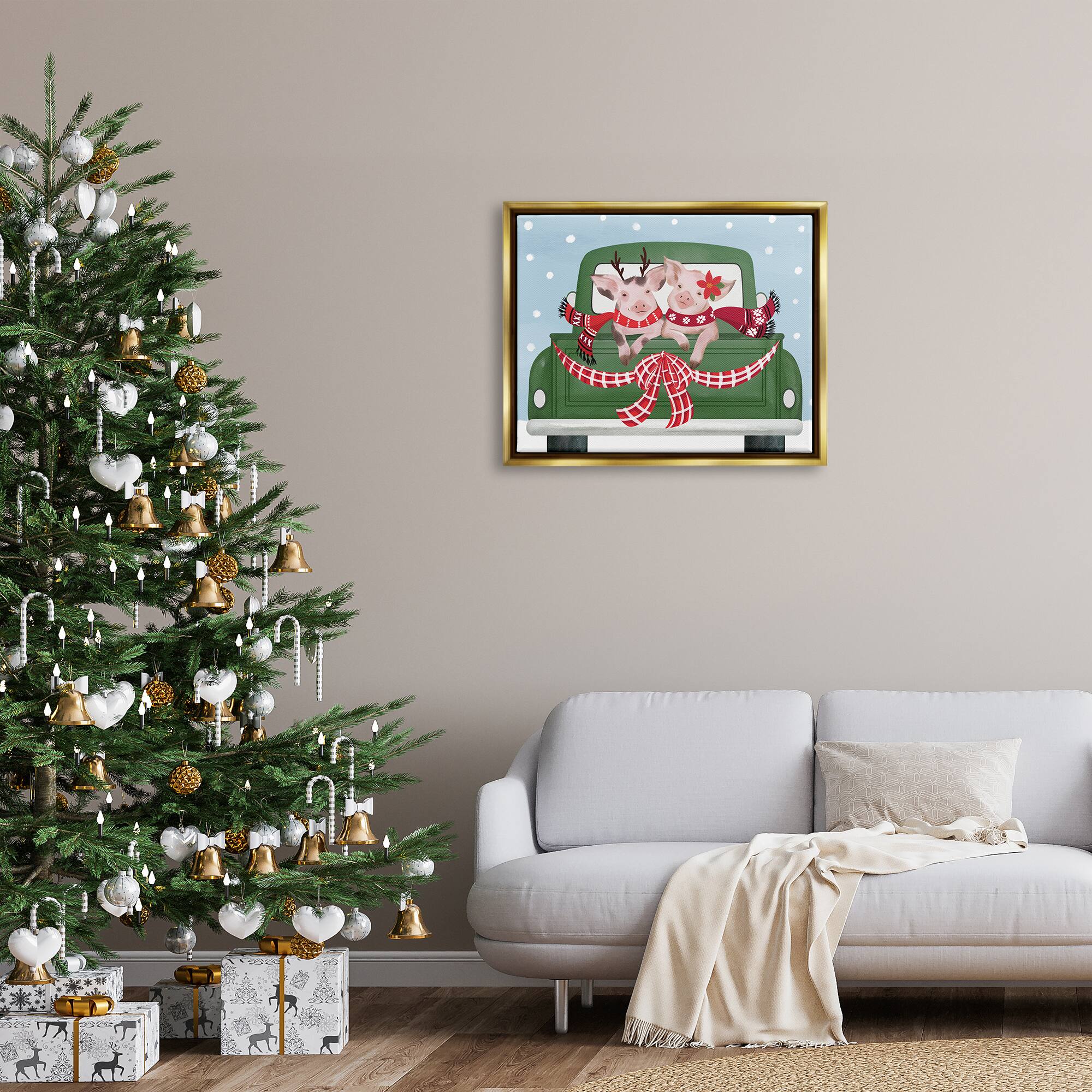 Stupell Industries Farmhouse Pigs Green Holiday Truck Framed Floater Canvas Wall Art
