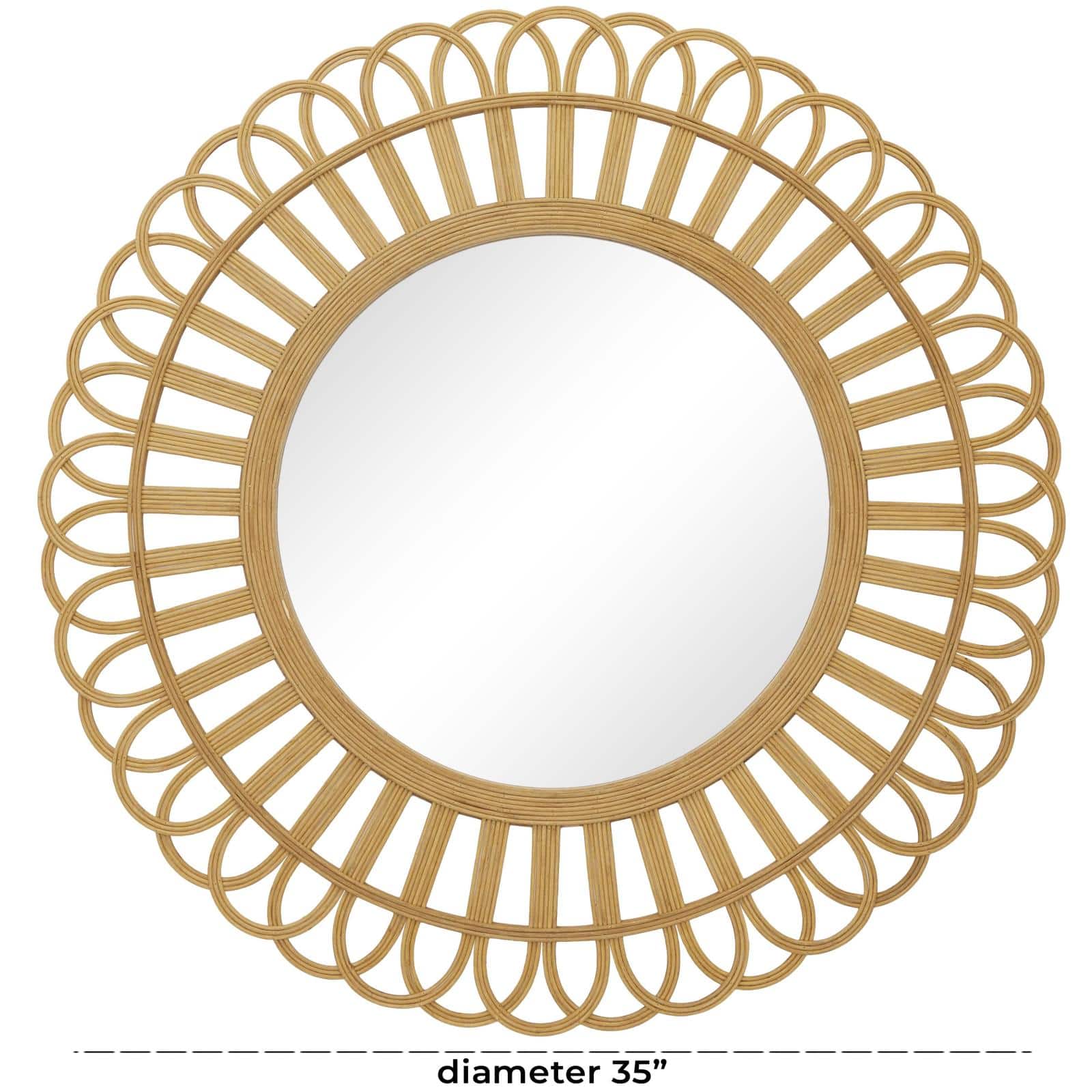 35" Brown Handmade Bamboo Woven Wall Mirror with Beaded Accents