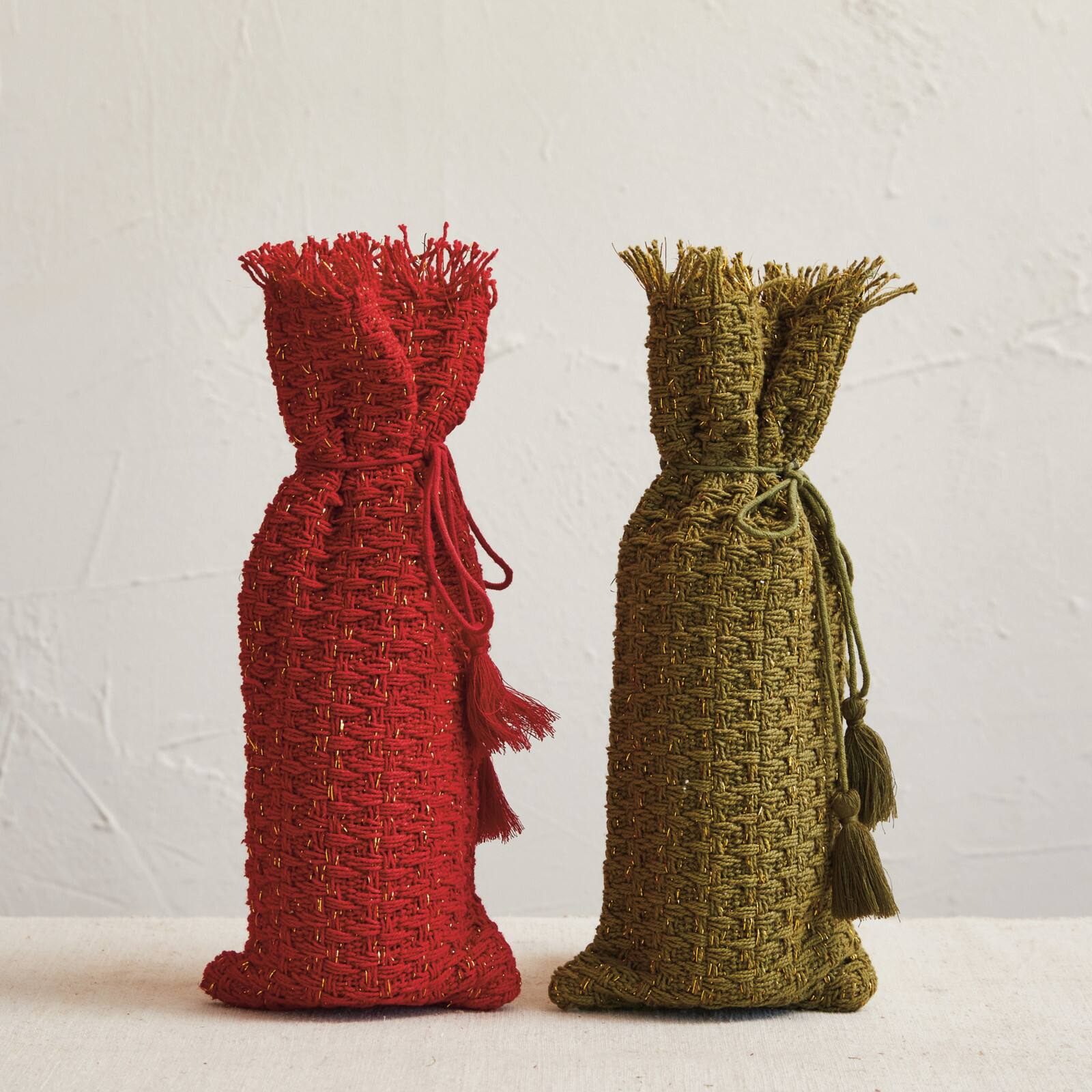 Hello Honey Green & Red Woven Cotton Wine Bag with Metallic Gold Thread & Tassels, 2ct.