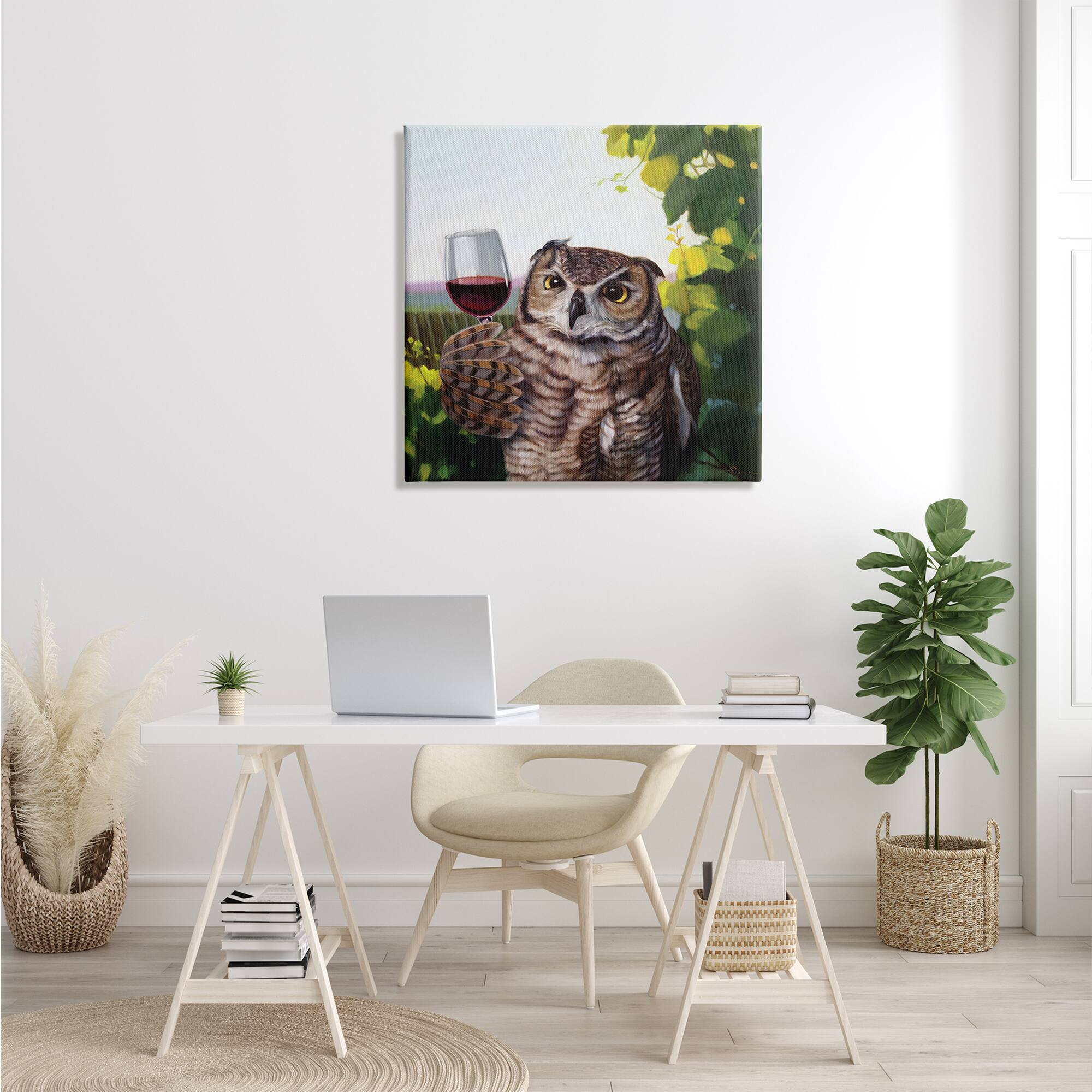 Stupell Industries Great Horned Owl Drinking Red Wine Vineyard Bird Canvas Wall Art