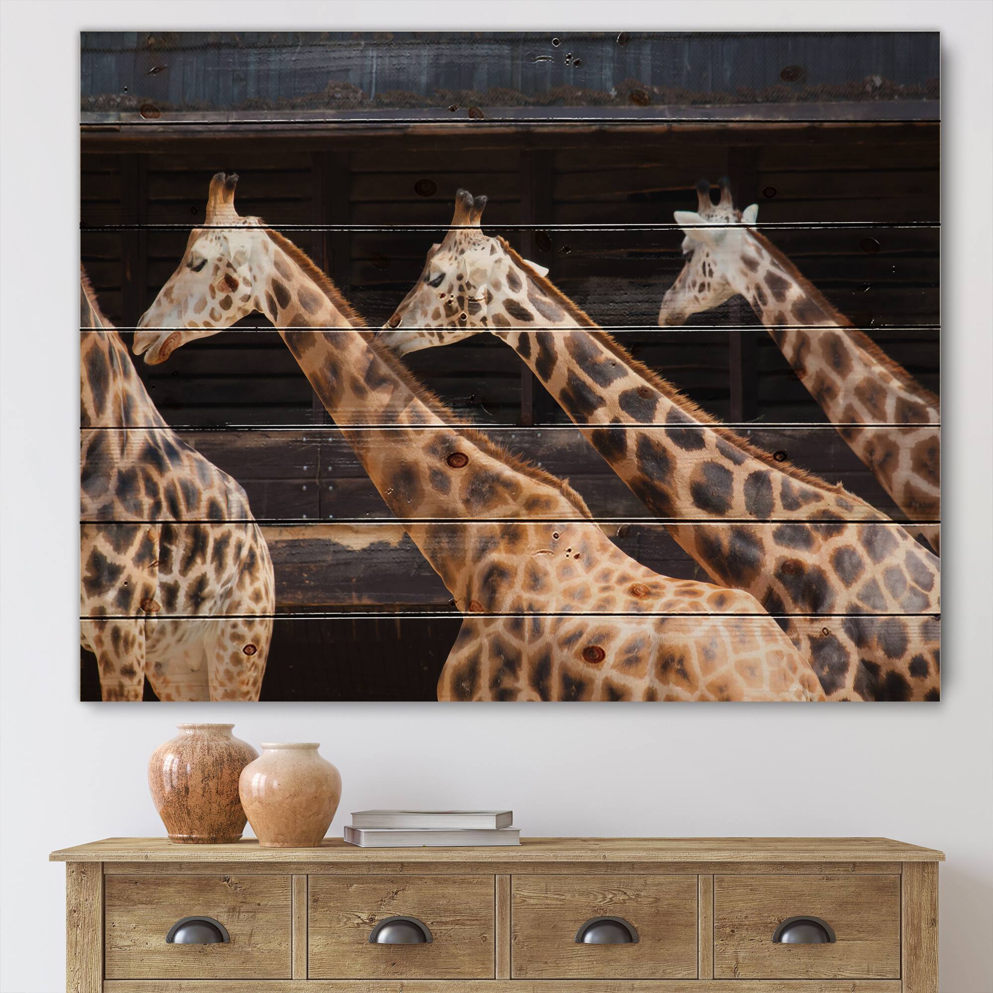 Designart - Three Giraffes Running - Farmhouse Print on Natural Pine Wood